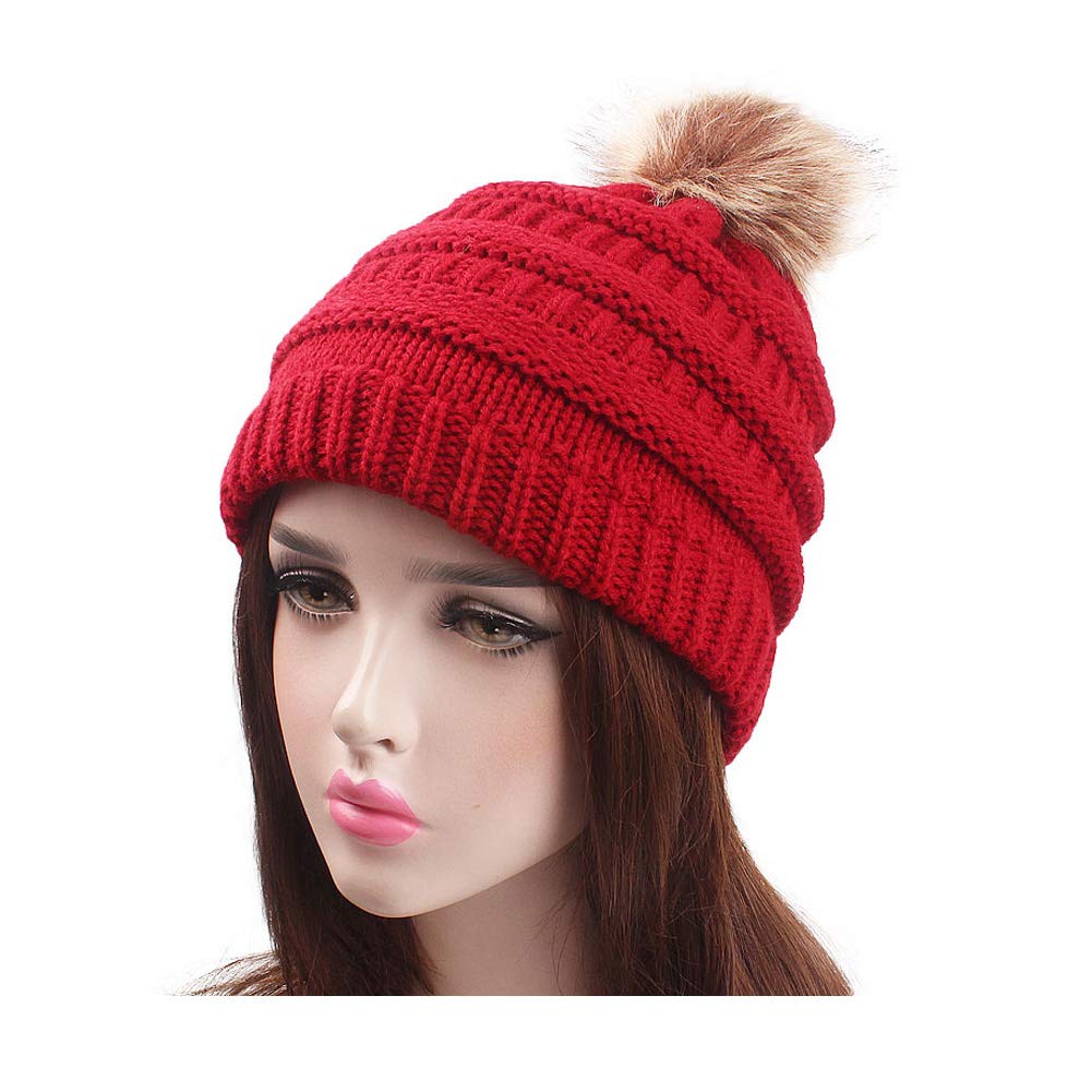 Soft Stretch Cable Knit Ribbed Faux Fur Pom Pom Beanie Hat - Winter Warm Knitted Hat for Women & Men - Perfect for Skiing, Snowboarding & Outdoor Activities