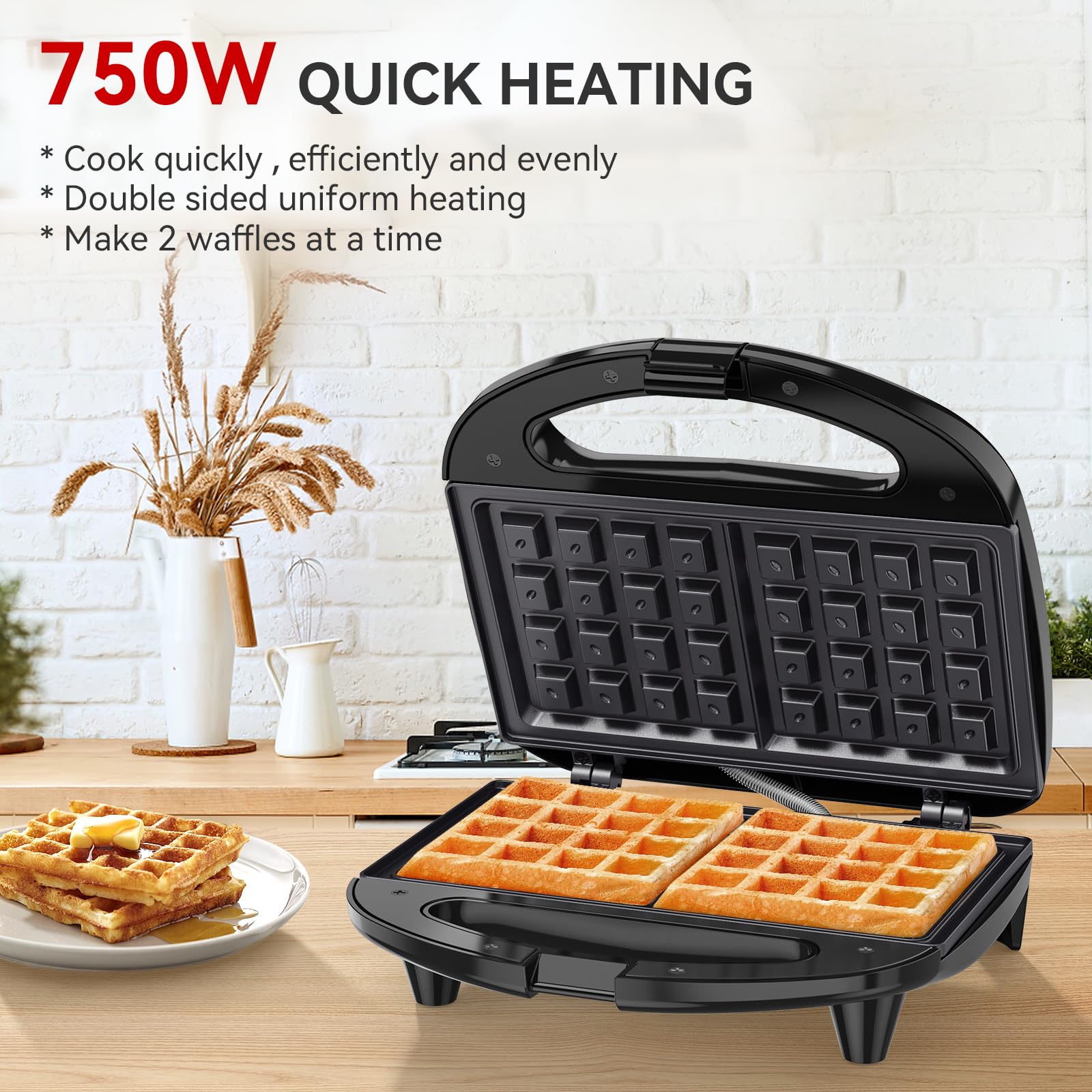 Non-Stick Belgian Waffle Maker - 2 Slice Waffle Iron with Indicator Lights, 750W, PFOA Free - Perfect for Breakfast, Brunch & Snacks - Ideal for Home, Office & Camping Use