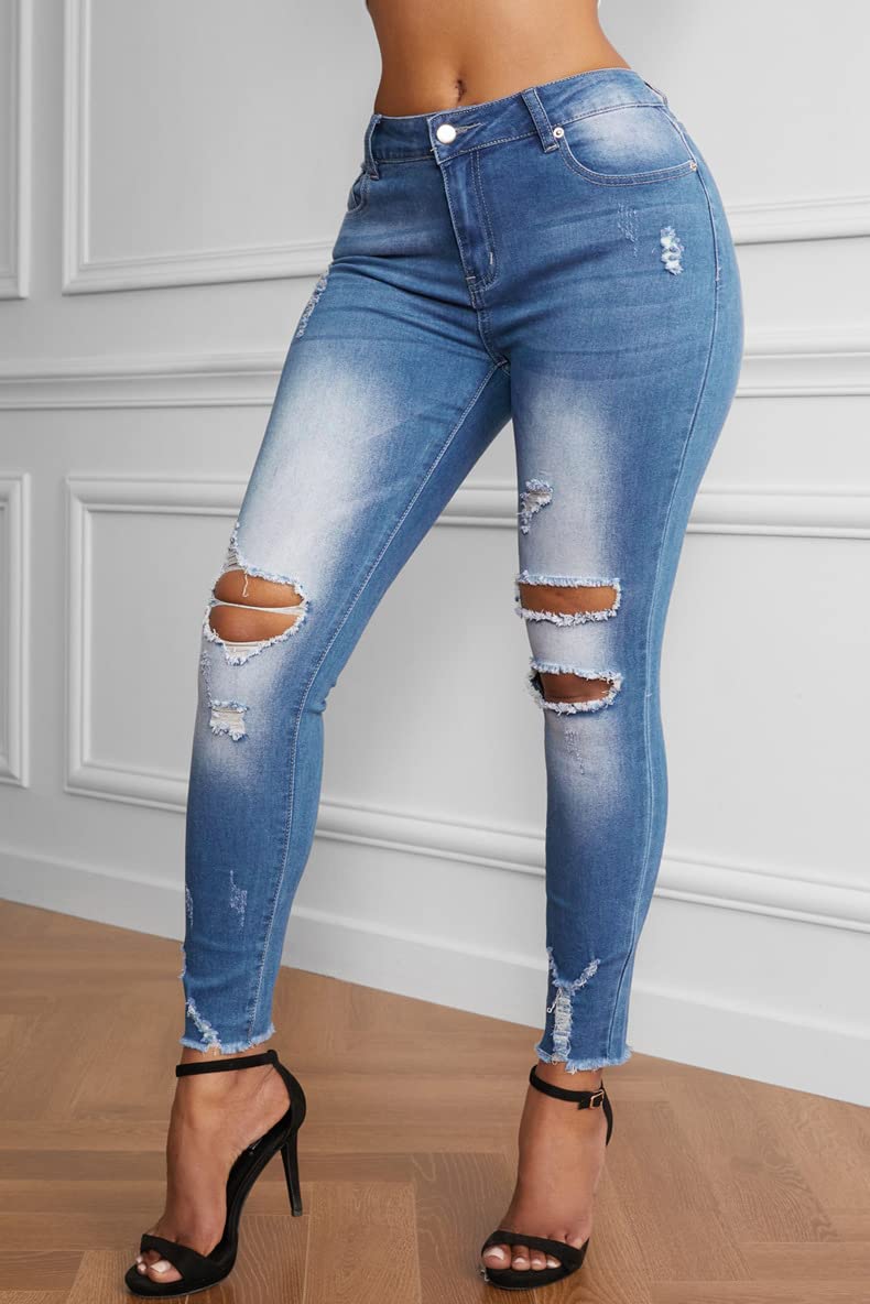 Women's Retro Stretch Skinny Ripped Jeans - Distressed High Waist Slim Fit Destroyed Hole Denim Pants for Casual Wear & Street Fashion