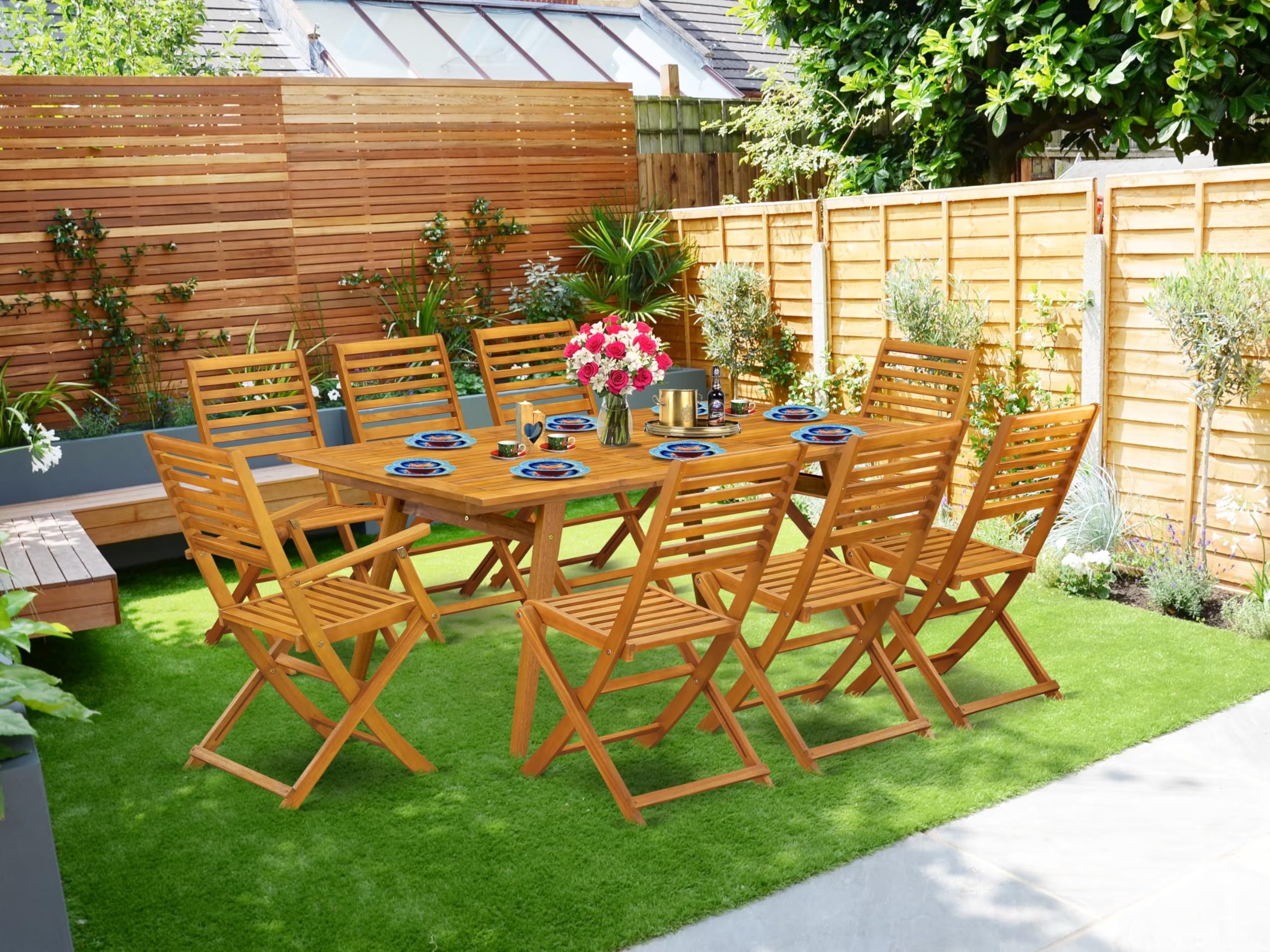East West Furniture DEBS92CANA 9-Piece Outdoor Patio Dining Set - Rectangle Acacia Wood Table with 2 Folding Arm Chairs & 6 Side Chairs, 40x72 Inch, Natural Oil Finish - Perfect for Backyard BBQs, Garden Parties & Poolside Dining