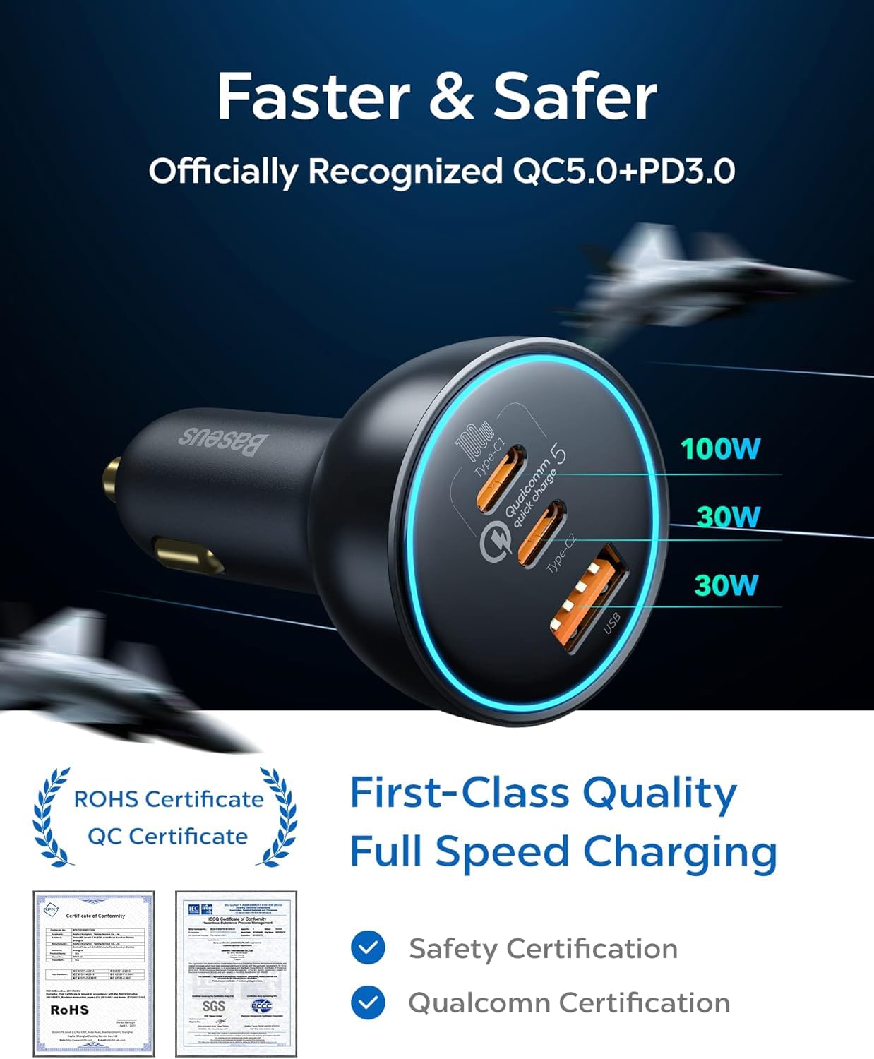 Baseus 160W USB C Car Charger with QC5.0 & PD3.0 PPS - 3 Port Super Fast Charging Adapter for iPhone 15/14/13 Pro, Samsung S22, iPad & MacBook Pro - Perfect for Road Trips & Daily Commutes