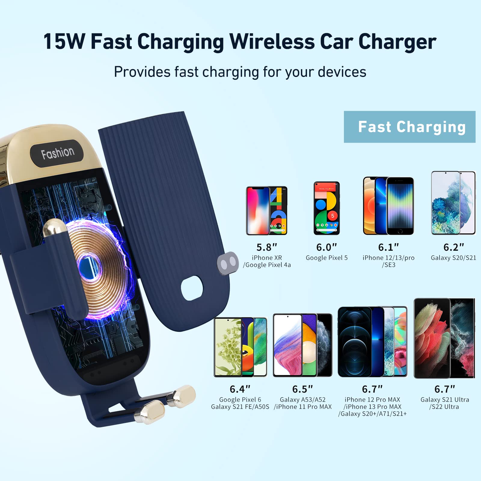 15W Qi Fast Wireless Car Charger Mount - Auto Clamping Phone Holder with Smart Sensor for iPhone 13/12/11/XS/XR/8 & Samsung S22/S21/S20/Note 20 - Air Vent Mount - Perfect for Commuting & Road Trips (Blue)