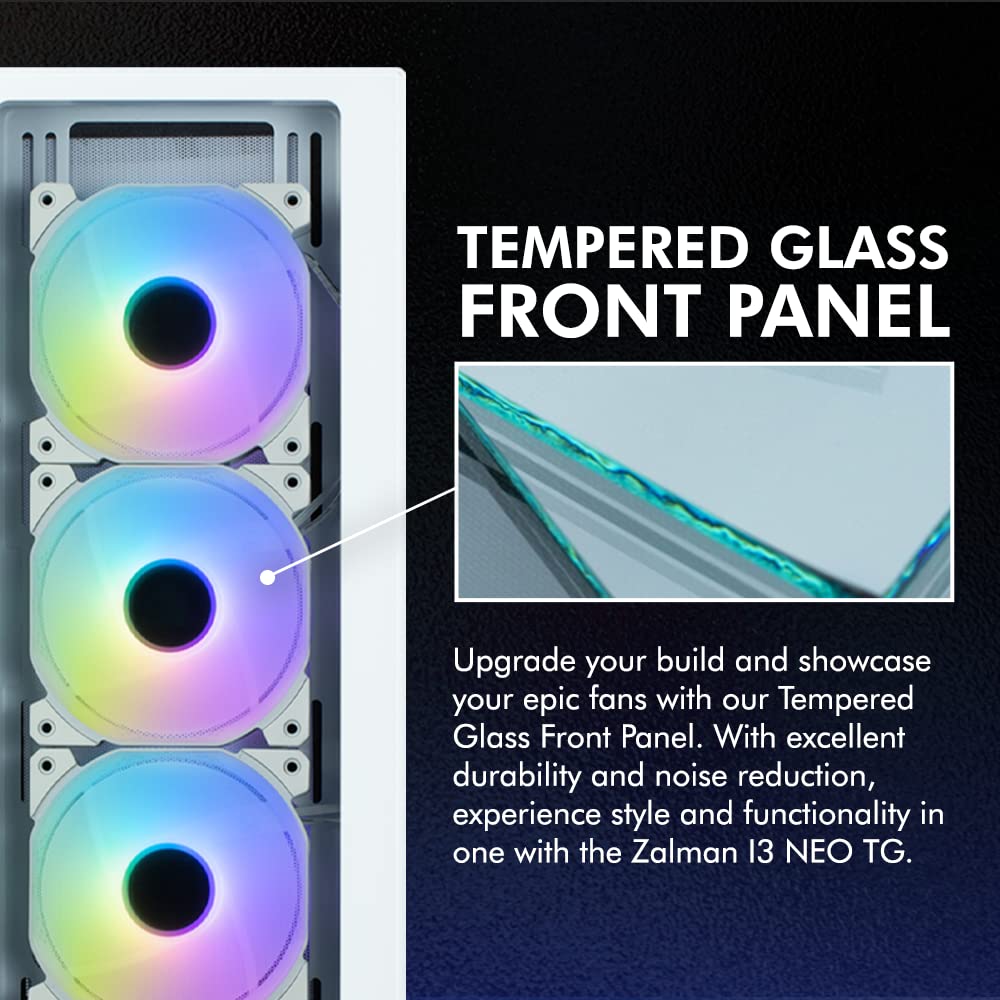 Zalman i3 NEO TG ATX Mid Tower Gaming PC Case - 4x 120mm ARGB Infinity Mirror Fans, Tempered Glass Front & Side Panel (White) - Perfect for High-Performance Gaming Rigs & RGB PC Builds