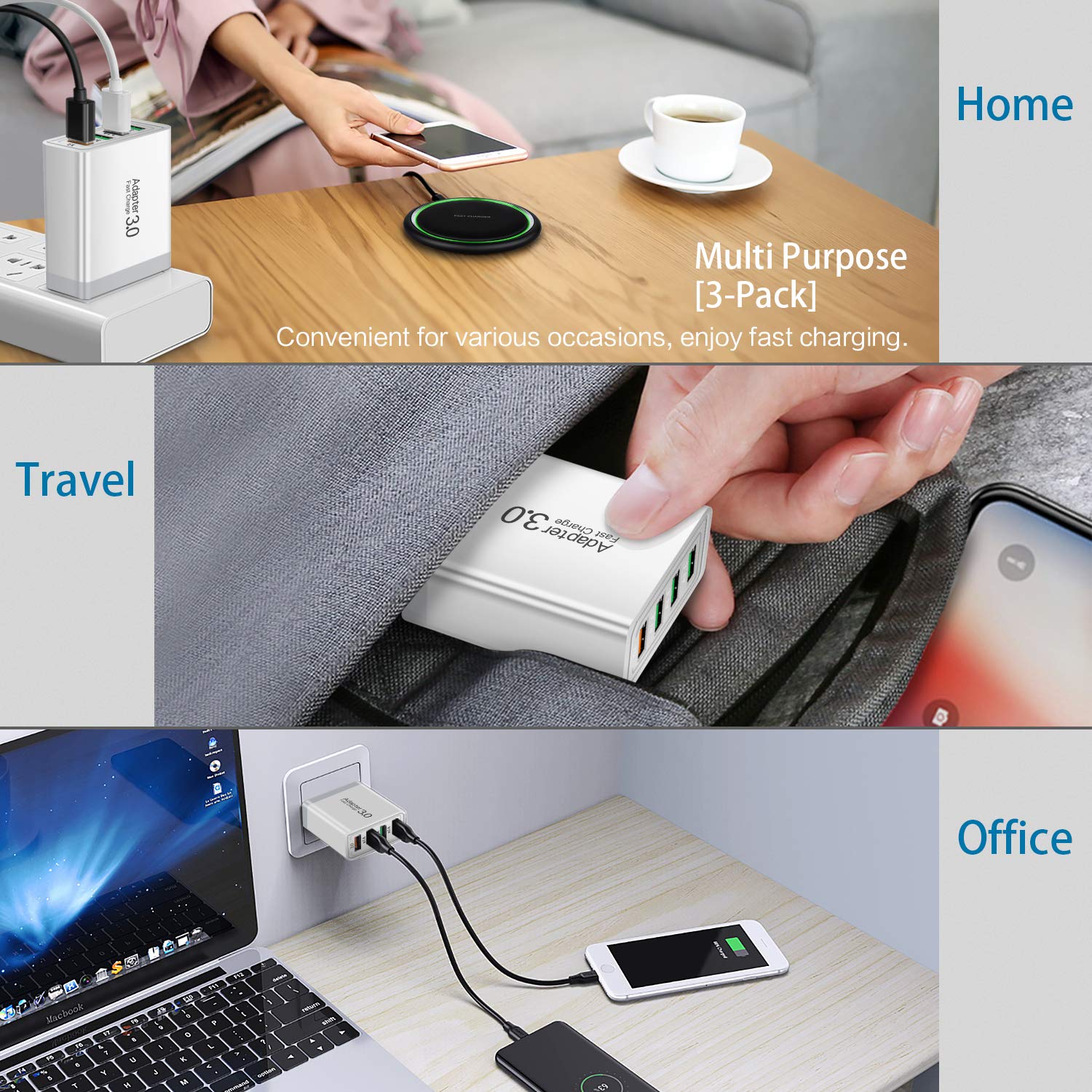 iSeekerKit 4-Port USB 3.0 Fast Wall Charger (3-Pack) - High Speed Charging Block for Samsung Galaxy S10/S9/S8/Note 8/9, iPhone, iPad, Tablets & Wireless Chargers - Perfect for Home, Office & Travel