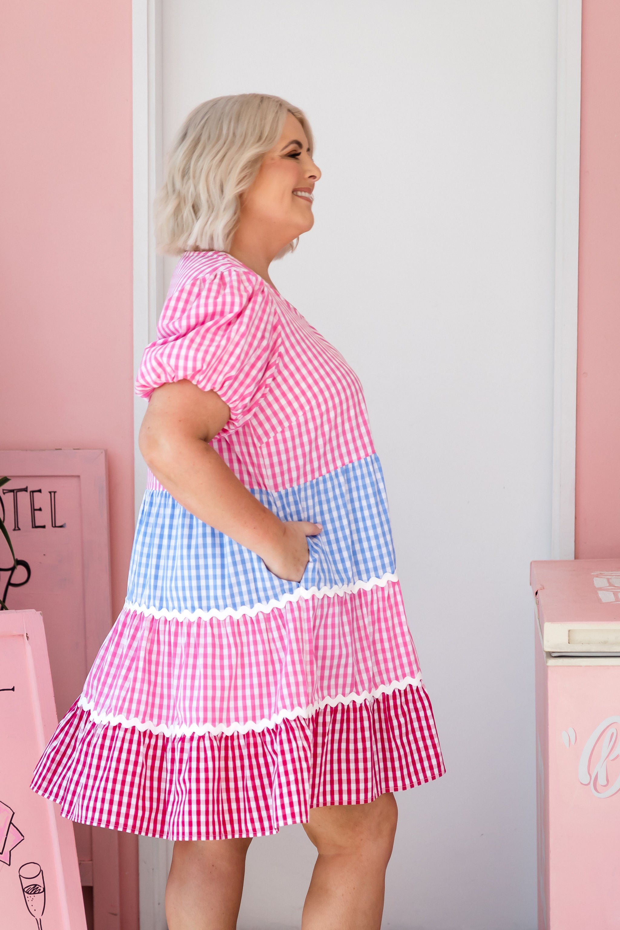 Greta Party Dress in Gingham Mix - Stylish Floral Print Women's Party Gown for Cocktail, Wedding & Special Occasions