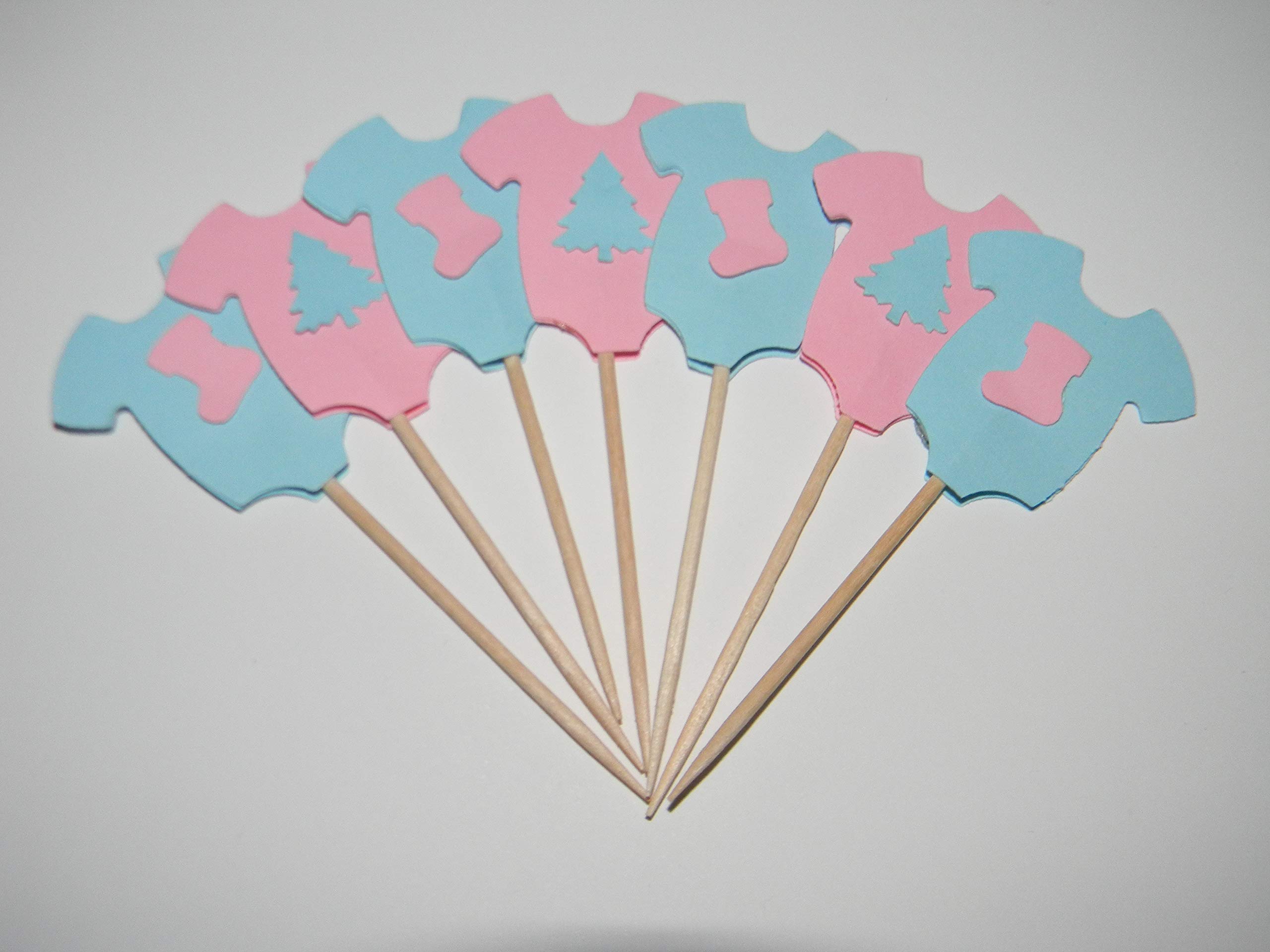 24 Pack Pink & Blue Christmas Onesie Cupcake Toppers - Gender Reveal Party Decorations for Baby Showers, Christmas Celebrations & Holiday Desserts