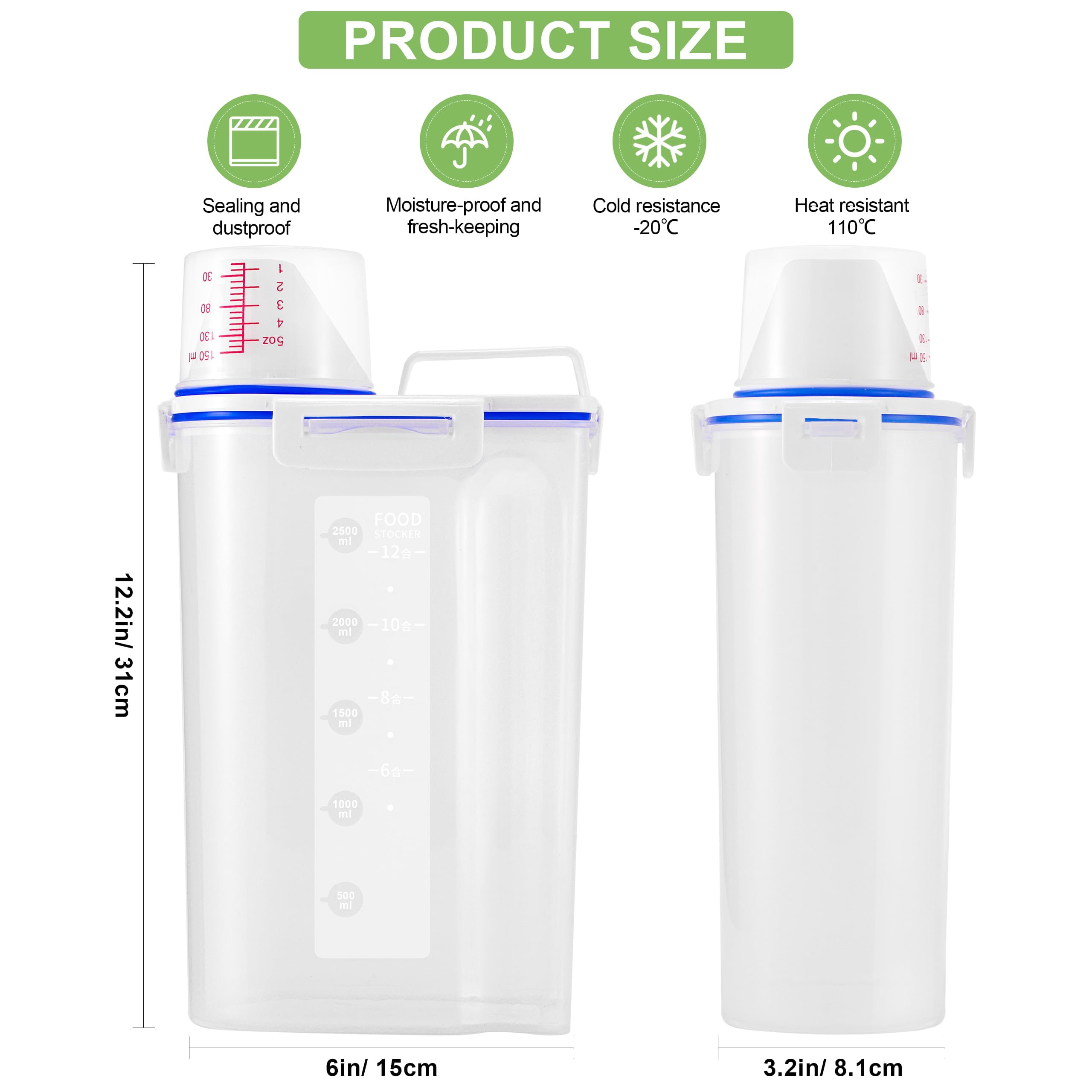 2-Piece Rice Dispenser Set - 10 lbs Airtight Plastic Storage Containers with Measuring Cup & Pour Spout for Rice, Cereal, Grain, Flour, Sugar, Oatmeal & Dry Pet Food - Perfect for Kitchen Pantry Organization & Bulk Food Storage