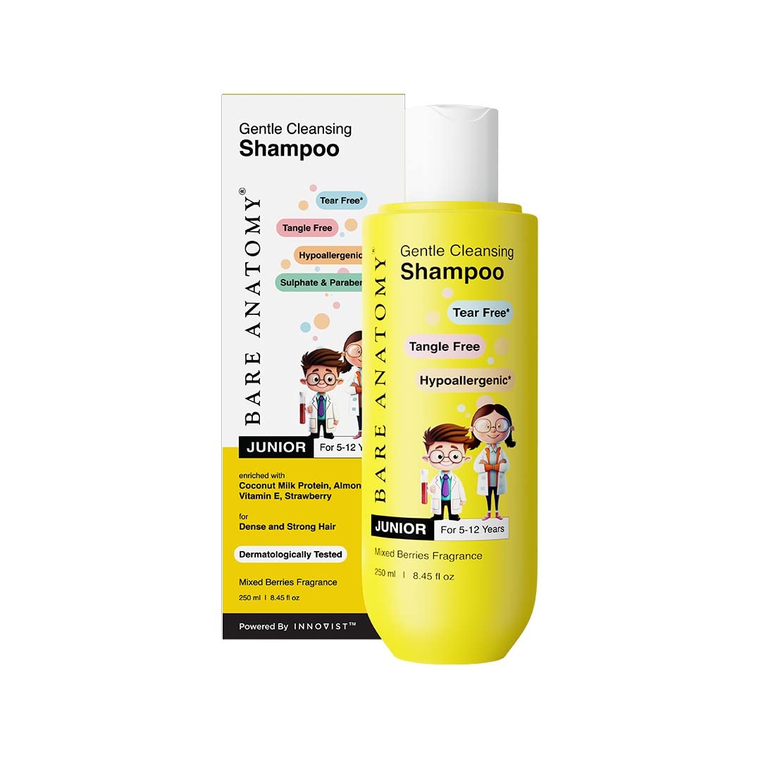 Bare Anatomy Gentle Kids Shampoo for Ages 5-12 | Tear-Free Hypoallergenic Formula with pH 5.5 | Enriched with Coconut Milk Protein, Almond Oil & Vitamin E | SLS & Paraben Free Vegan Shampoo (250ml) | Perfect for Daily Bath Time & Sensitive Scalp Care