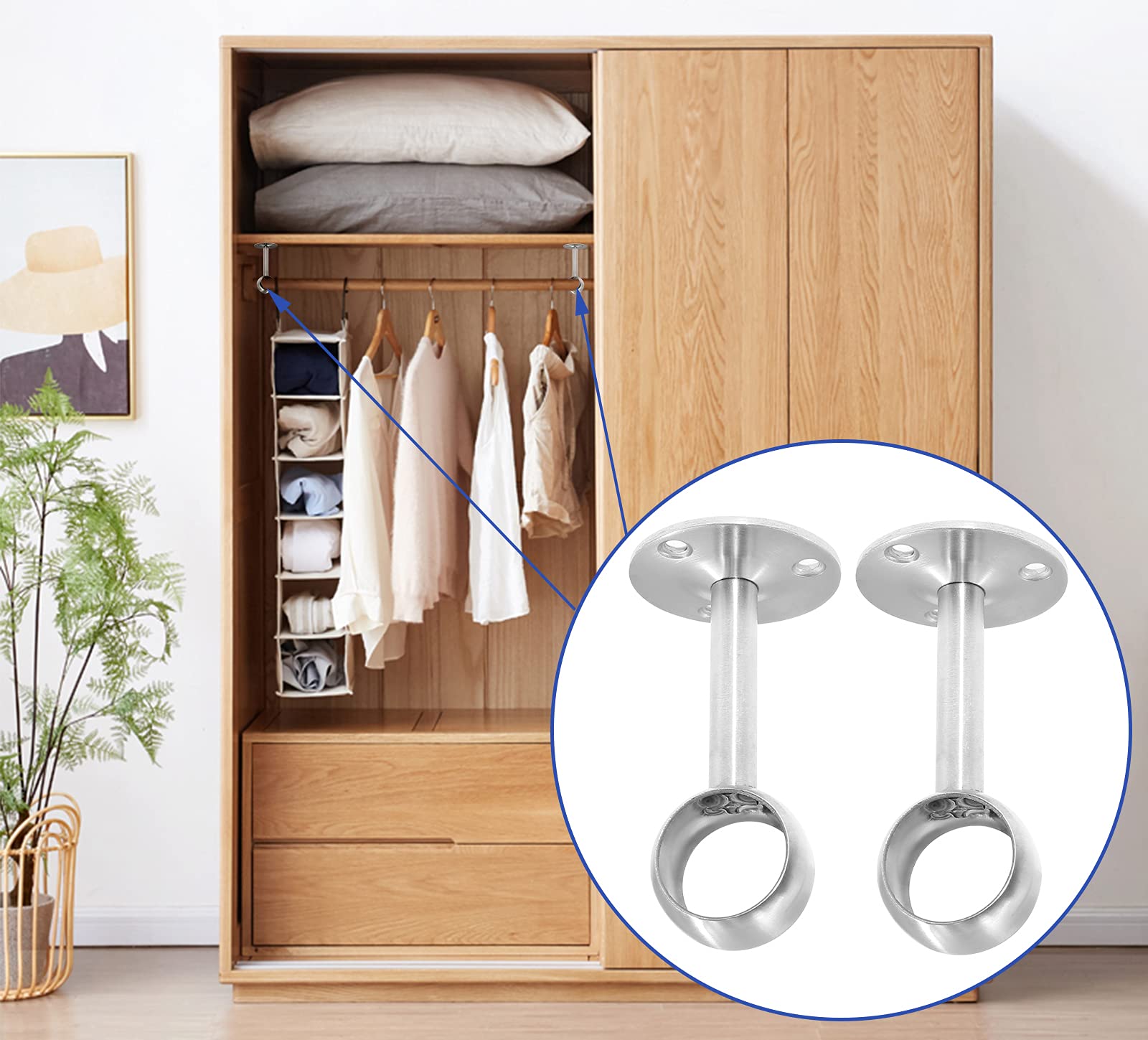 4 Pcs 1 Inch Heavy Duty Stainless Steel Ceiling Mount Curtain Rod Brackets - Flange Closet Rod Holder & Shower Curtain Rod Socket with Brushed Finish - Perfect for Bathroom, Closet Organization & Home Decor