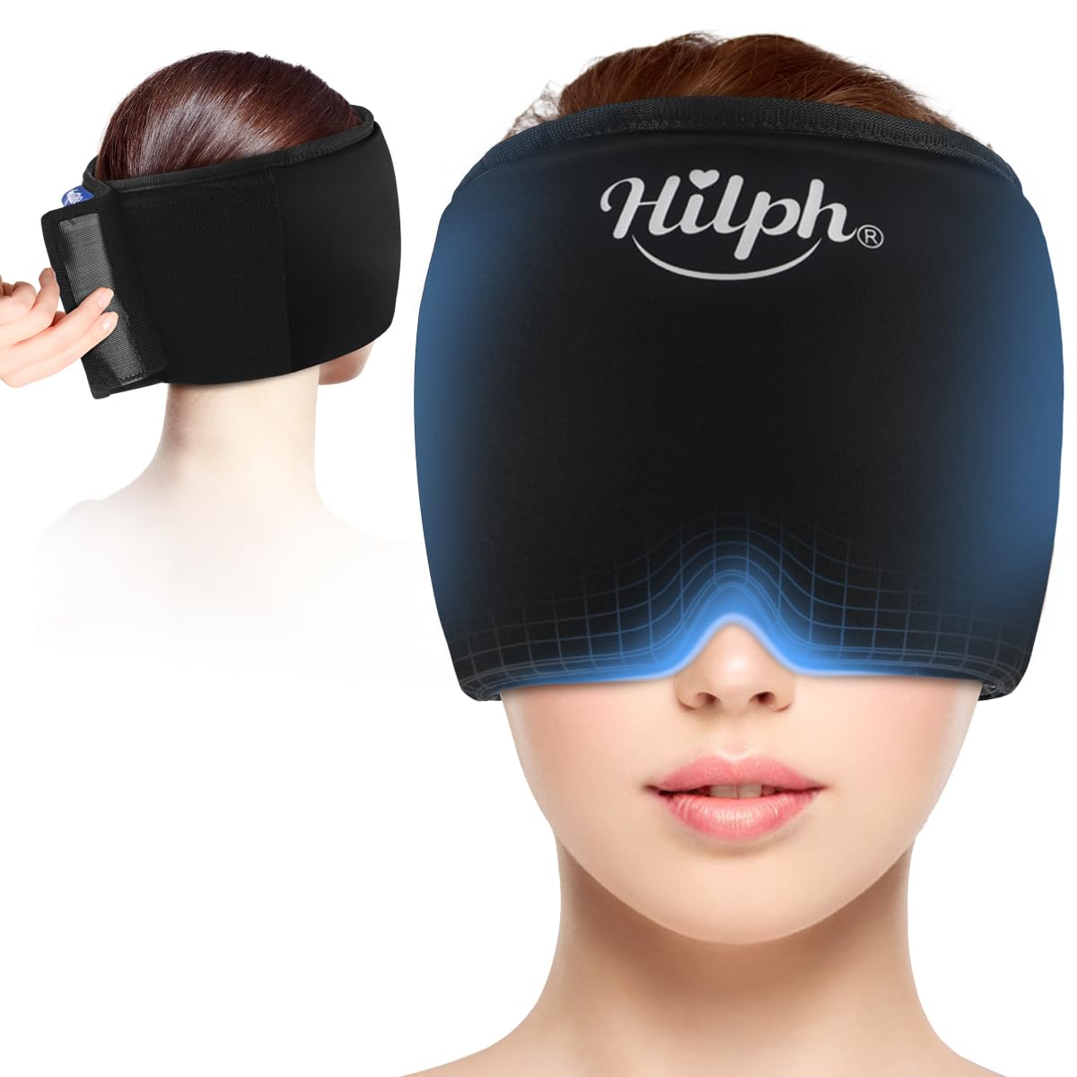 Hilph Adjustable Migraine Gel Ice Pack Head Wrap - Hot & Cold Therapy for Headache, Tension, Stress, Sinus & Hangover Relief - Reusable Black Ice Mask for Sleeping, Working & Relaxing