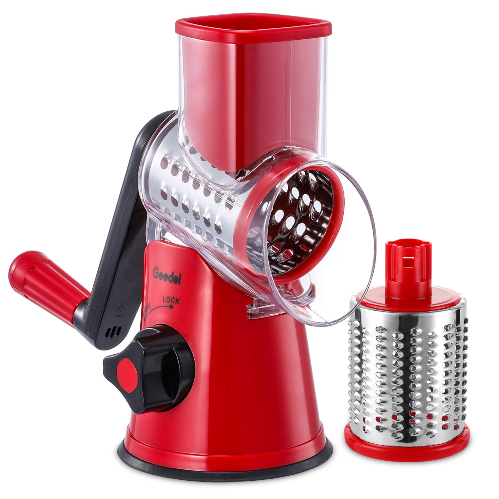 Geedel Rotary Cheese Grater & Vegetable Slicer - 2 Interchangeable Blades for Fruits, Veggies, Nuts - Easy Clean Kitchen Mandoline - Perfect for Salads, Pasta Garnish & Meal Prep