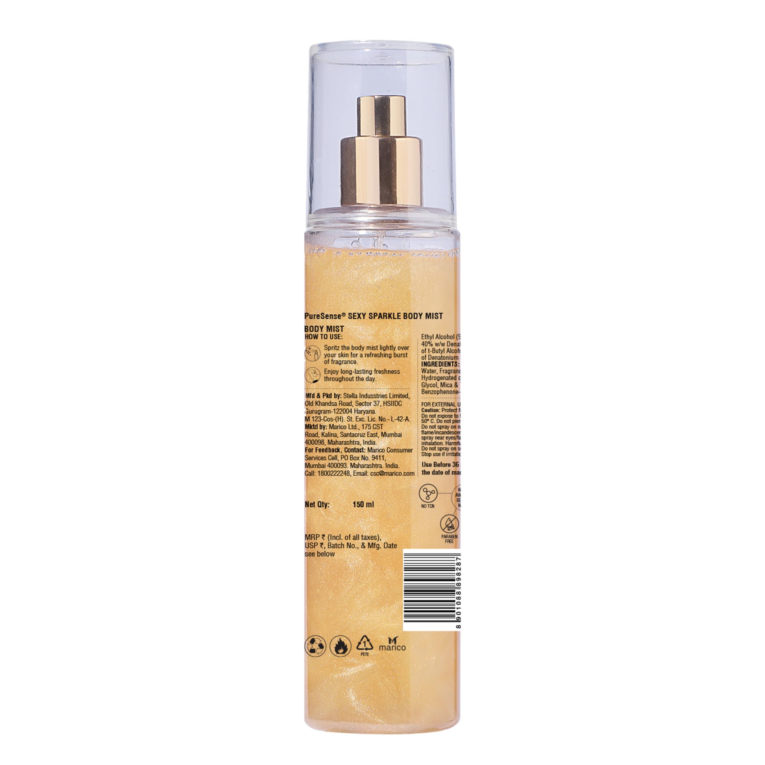 PureSense Sexy Sparkle Gold Shimmer Body Mist Spray for Women - Long Lasting Luxury Fragrance, Refreshing & Travel-Friendly (150ml) | Perfect for Date Nights, Parties & Everyday Glam