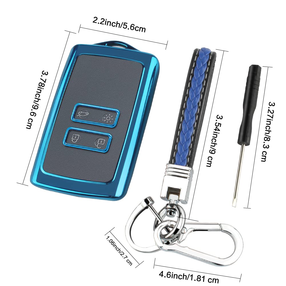 Renault 4 Button Car Key Cover - Leather Key Card Case with Small Screwdriver Accessories | TPU Protective Keychain (Blue) | Perfect for Renault Clio, Megane & Scenic Key Protection