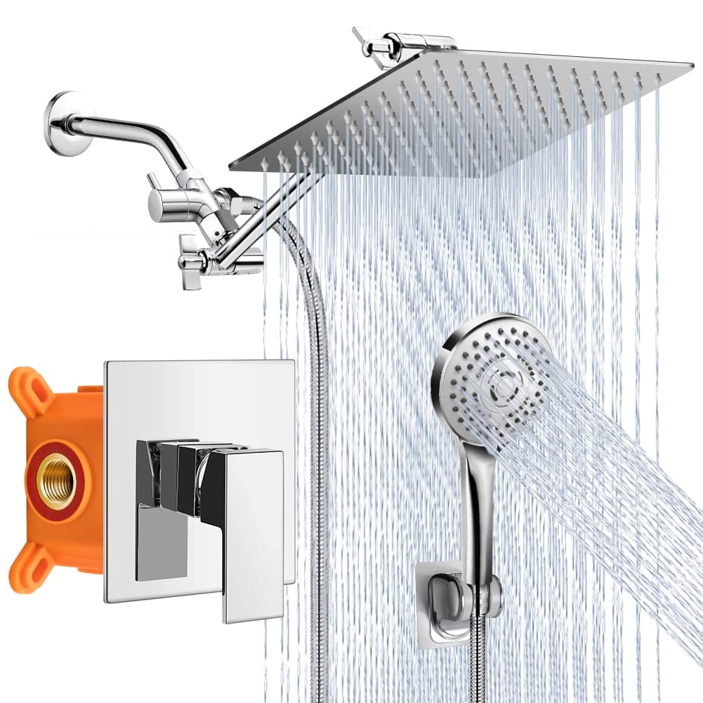 8 Inch Rain Shower Head with 5-Setting Handheld Shower Combo - Chrome Shower Faucet Set Including Valve, Adjustable Extension Arm - Perfect for Modern Bathroom Renovation & Spa-Like Shower Experience