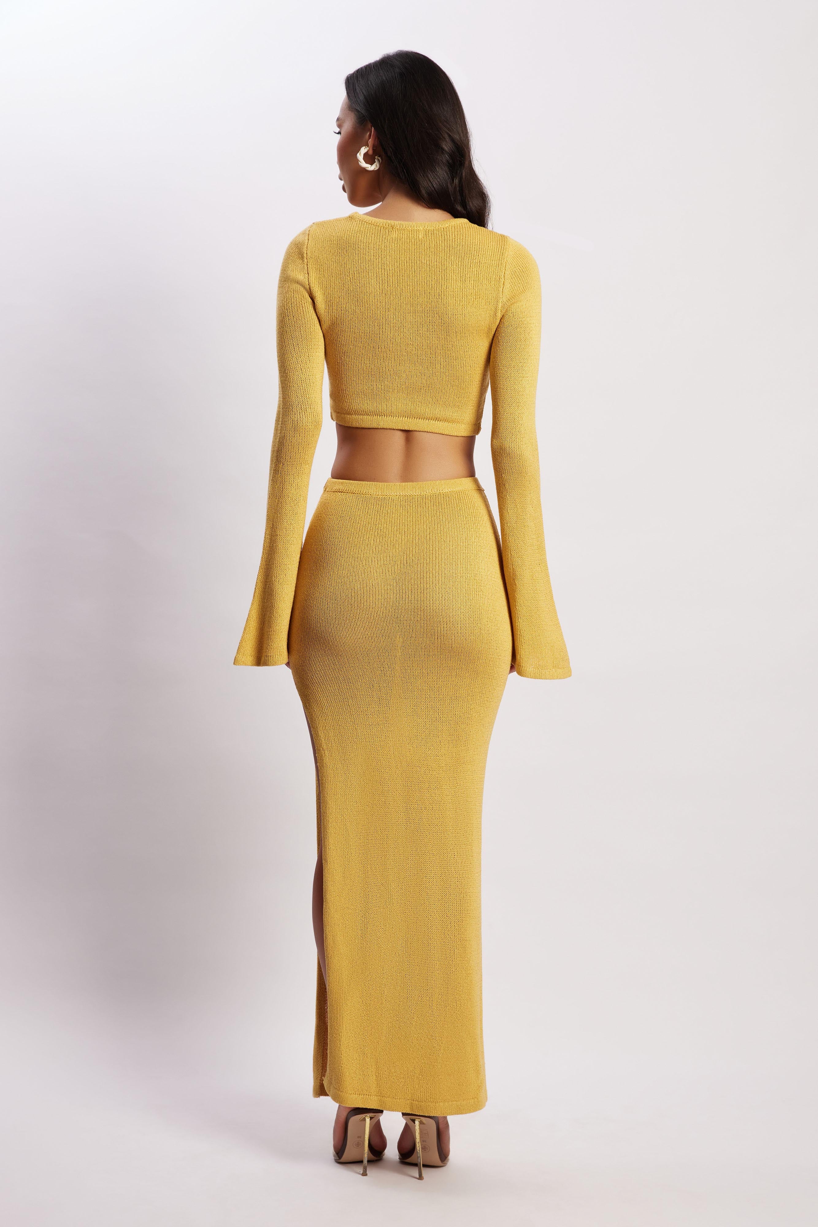 Anna Flare Sleeve Knit Dress - Women's Casual Long Sleeve Tunic Sweater Dress in Yellow | Perfect for Fall, Winter, Office Wear & Holiday Outfits
