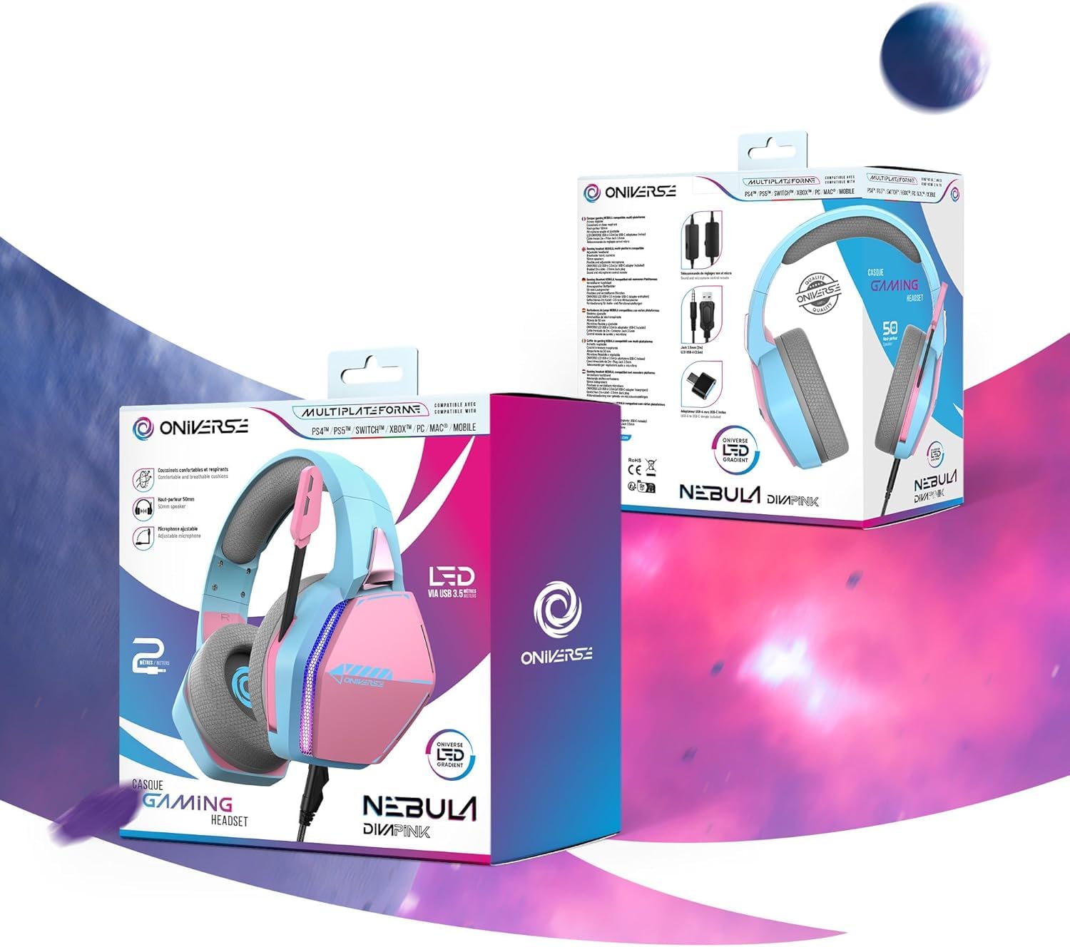 Oniverse Wired Stereo Gaming Headset with Adjustable Mic, 50mm Speakers & LED Lights - Compatible with PS5, PS4, Switch, Xbox, PC, MAC - Soft Fabric Ear Cushions in Diva Pink/Rose (Nebula) - Perfect for Competitive Gaming, Streaming & Online Chat