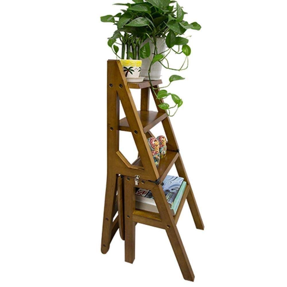 4-Tier Wooden Folding Ladder Stool - Multi-Functional Step Stool Chair with Safety Lock for Home, Kitchen, Bathroom & Closet Organization | Space-Saving Household Stepladder for Reaching High Shelves