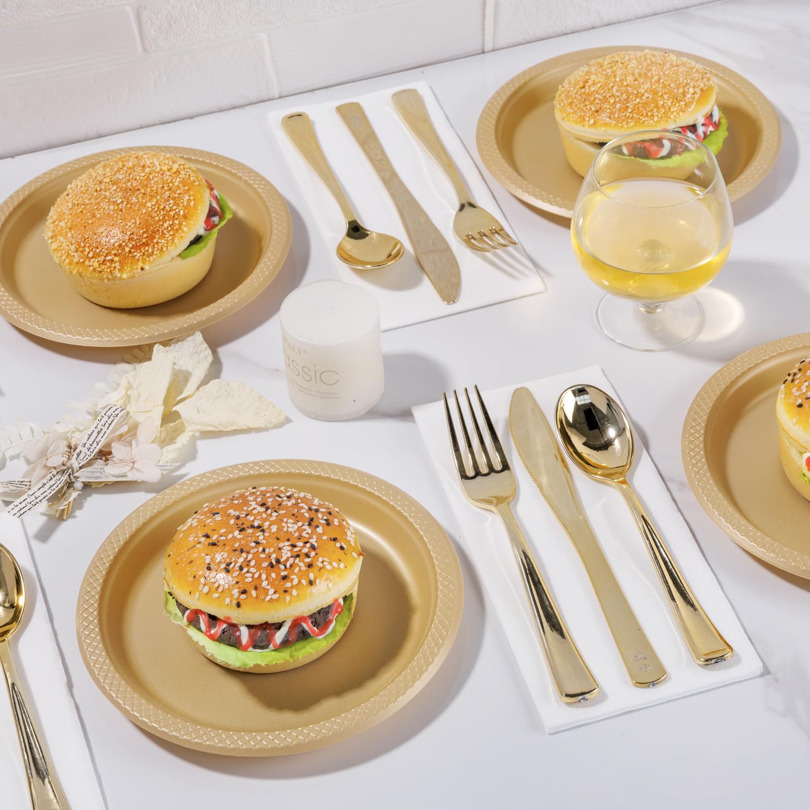 WELLIFE 7 Inch Gold Plastic Plates - 150 Count Disposable Dessert Plates for Party, Wedding, Birthday, Engagement - Elegant Cake, Appetizer & Salad Serving Plates for Special Occasions