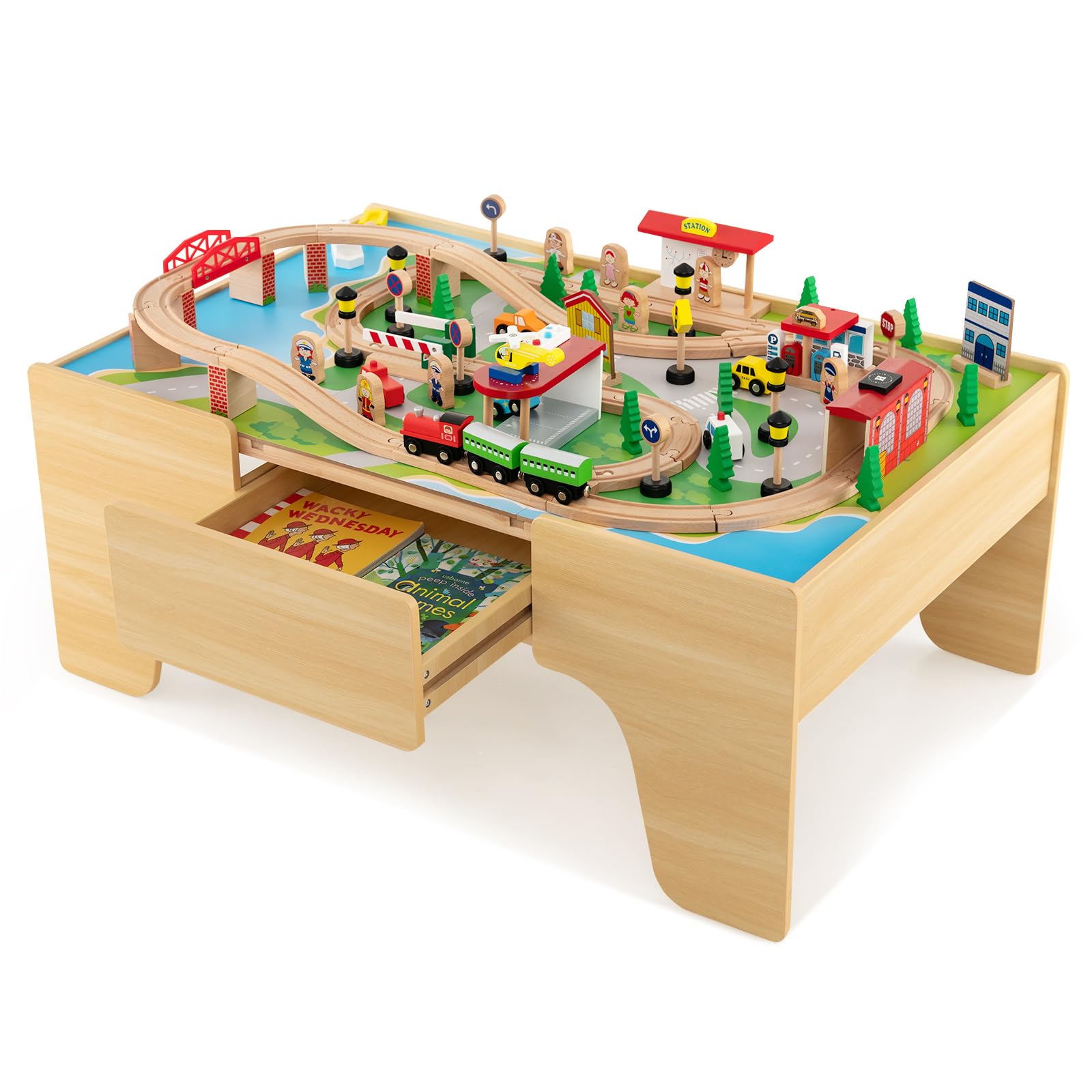 COSTWAY Solid Wood Train Table Set with 84-Piece Track, Storage Drawer & Natural Wooden Train Play Table for Kids Ages 3+ (97x62.5x39.5cm) - Perfect for Preschool Playrooms, Daycare Centers & Toddler Gift Ideas