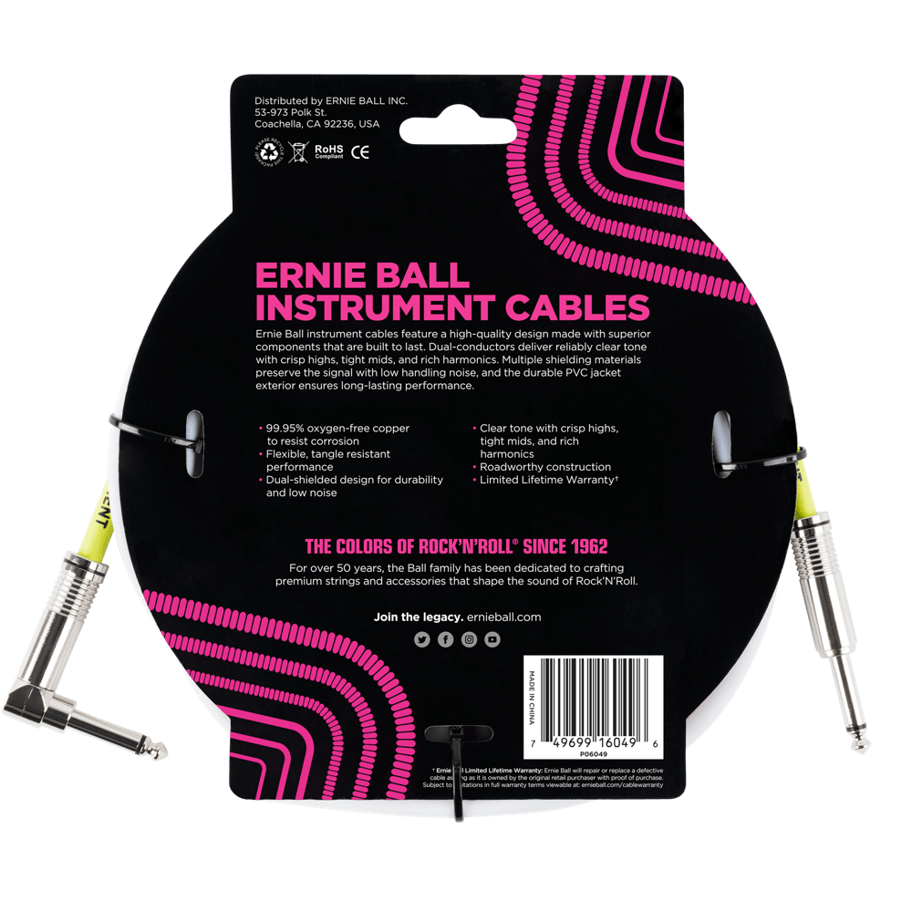 Ernie Ball 10ft Straight/Angle Instrument Cable - White - Premium Guitar/Bass Cable for Live Performance & Studio Recording