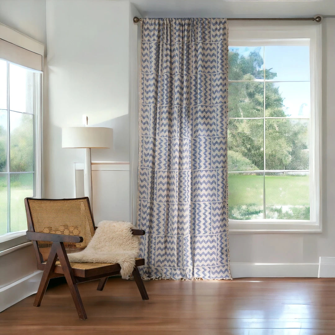 Greta Blue Gingham Wave Light Filtering Grommet Curtains - Custom Window Treatments for Living Room, Bedroom & Nursery - Soft Fabric for Perfect Light Control & Privacy