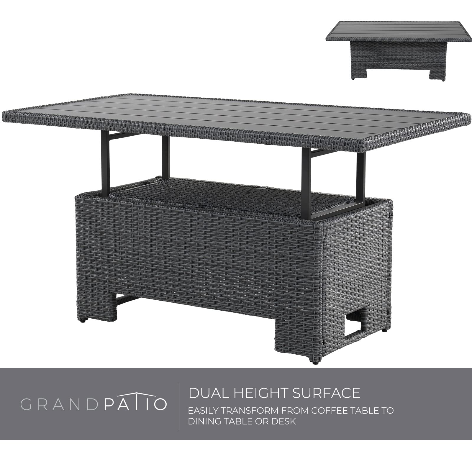 **Outdoor Coffee Table with Adjustable Lift Top & Storage Shelf - Patio, Garden, Picnic - Weather-Resistant Wicker Furniture for Relaxing & Entertaining**