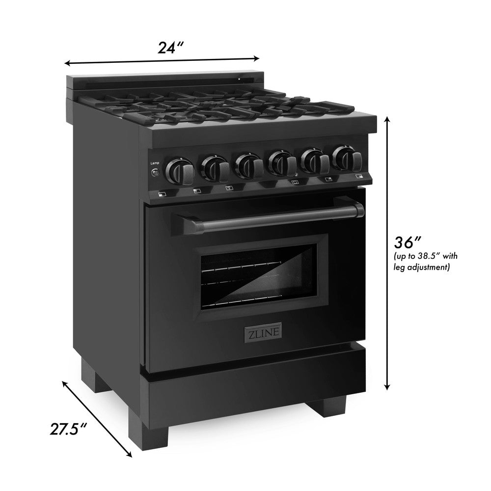 ZLINE 24 Inch 2.8 Cu. Ft. Dual Fuel Range - Black Stainless Steel Gas Cooktop with 4 Burners & Electric Convection Oven (RAB 24) | Perfect for Modern Kitchens, Home Chefs & Restaurant-Style Cooking