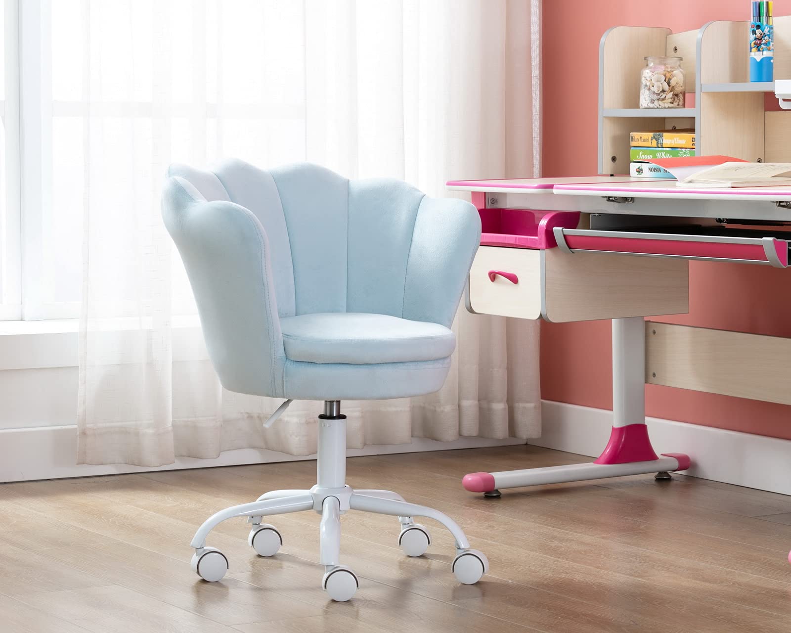 CIMOTA Adjustable Velvet Kids Desk Chair - Light Blue Swivel Shell Vanity Chair for Girls Bedroom & Study Room | Ergonomic Computer Chair for Children | Perfect for Homework, Gaming & Reading