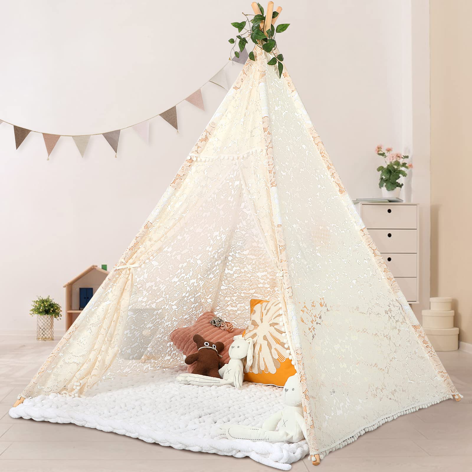 **Sumbabay Kids Teepee Tent with Lace - Indoor & Outdoor Playhouse for Toddlers, Boys & Girls - Perfect for Playtime, Reading Nook, or Birthday Gifts**