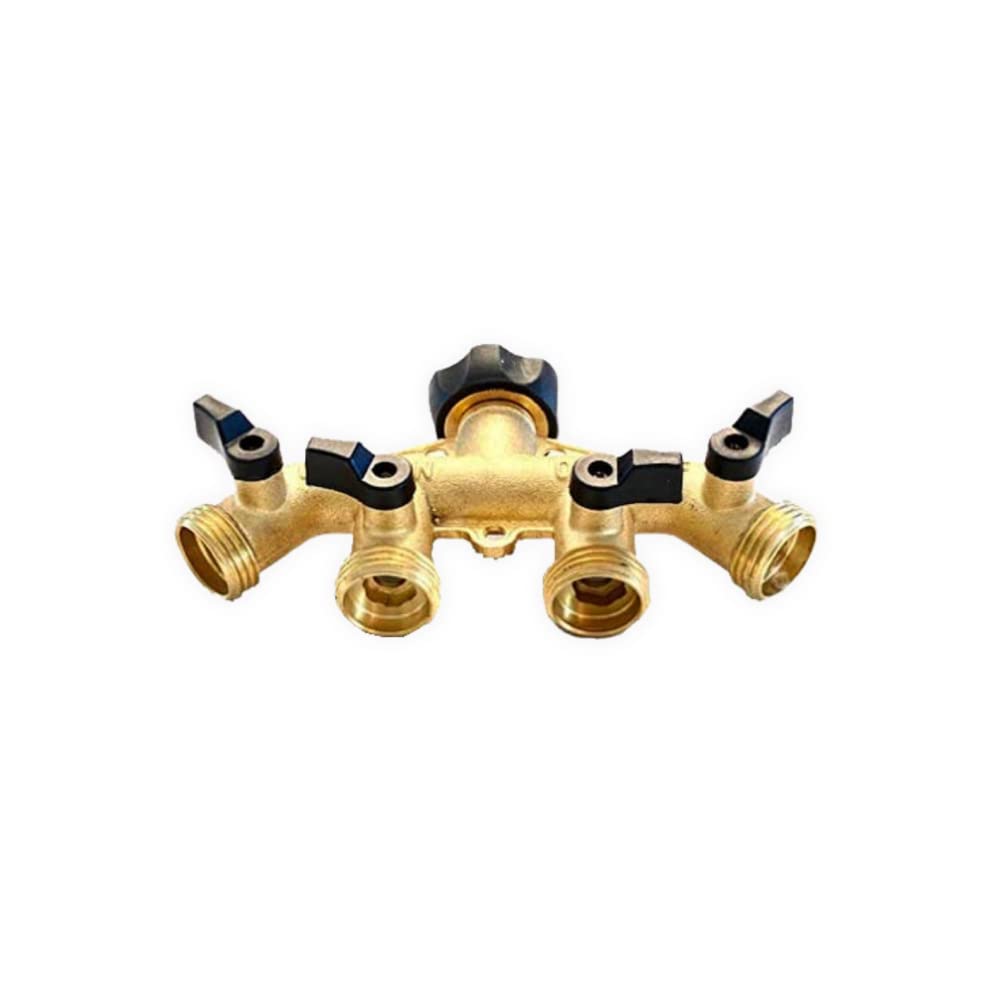 Underhill 4-Way Heavy-Duty Brass Hose Splitter Adapter with Shut Off Valve - 3/4 Inch Garden Water Hose Connector - Perfect for Lawn Irrigation, Car Washing & Outdoor Cleaning