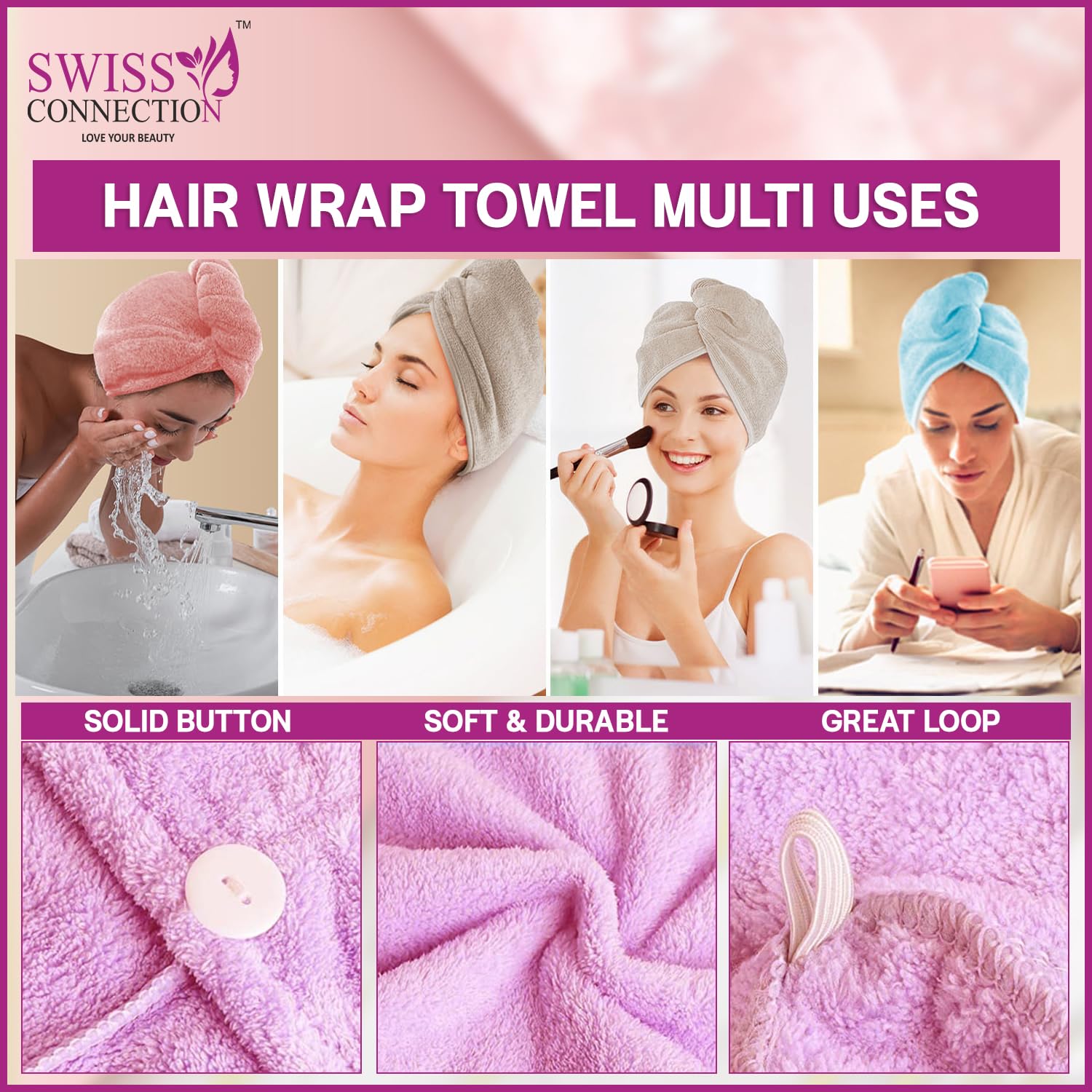 Swiss Connection Scalp Massager Brush with Microfiber Hair Wrap Towel - Soft Silicone Bristles for Hair & Scalp Care - Quick Dry Hair Towel for Men & Women (2 Pack) - Perfect for Shower, Spa & Home Hair Care Routine
