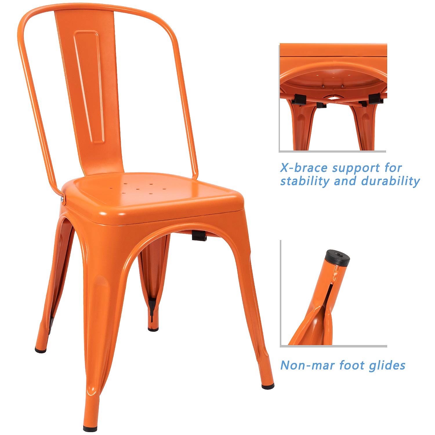 Devoko 4-Piece Stackable Metal Indoor-Outdoor Dining Chairs - Distressed Orange Kitchen & Side Chairs with Back Support | Perfect for Patio, Restaurant, Cafe & Home Dining