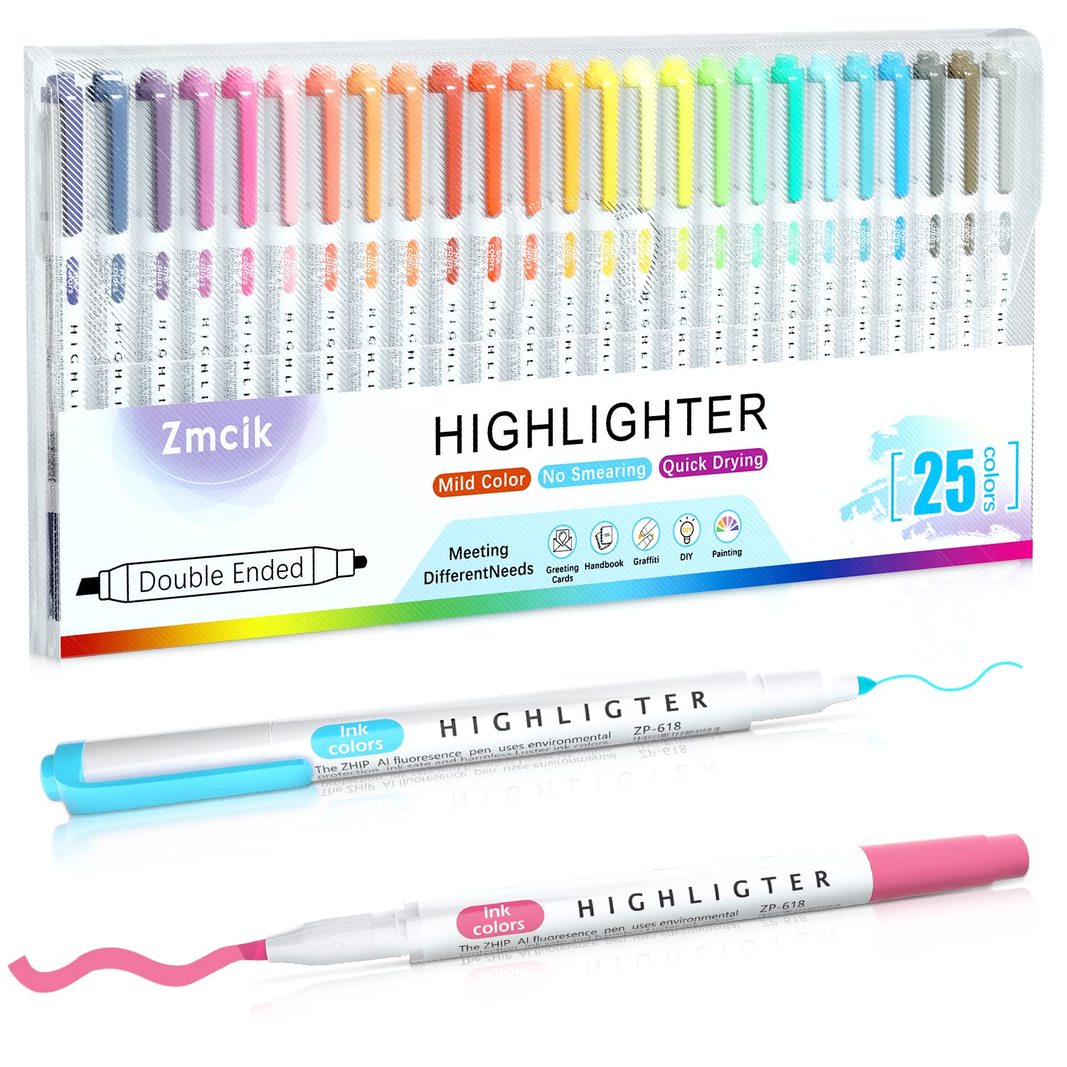 Zmcik Pastel Liquid Highlighter Set - 25 Pack Assorted Colors, Double Ended Mild Highlighters with Broad & Fine Tips for Coloring, Underlining & Note Taking - Perfect for Students, Office Work & Art Projects