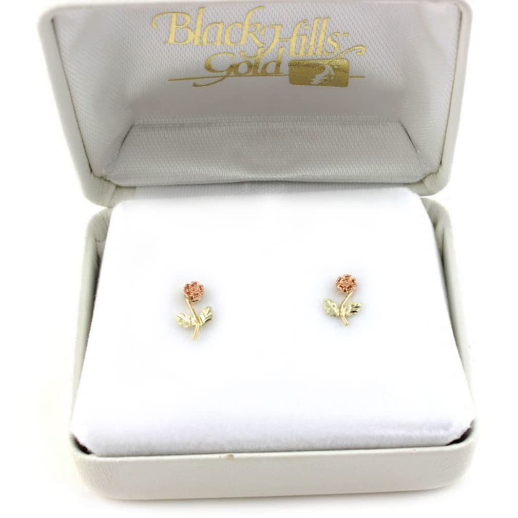 10K Yellow Gold Rose Flower Earrings with 12K Green & Rose Gold Black Hills Gold Motif - Elegant Floral Jewelry for Women, Perfect for Weddings, Parties & Special Occasions