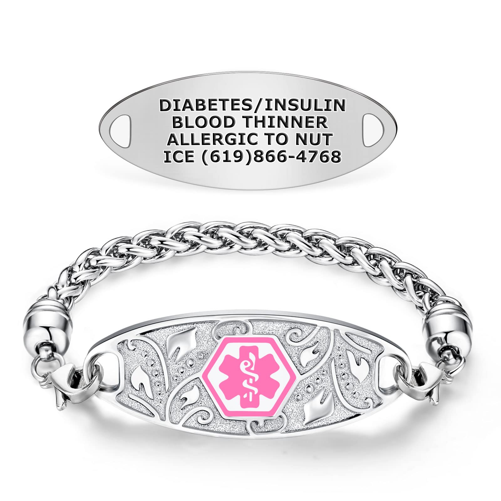 Divoti Custom Engraved Medical Alert Bracelets for Women - Stainless Steel Medical ID Bracelet with Free Engraving - Elegant Filigree Wheat Design - Perfect for Allergies, Diabetes & Emergency Identification (Choose Color/Size)