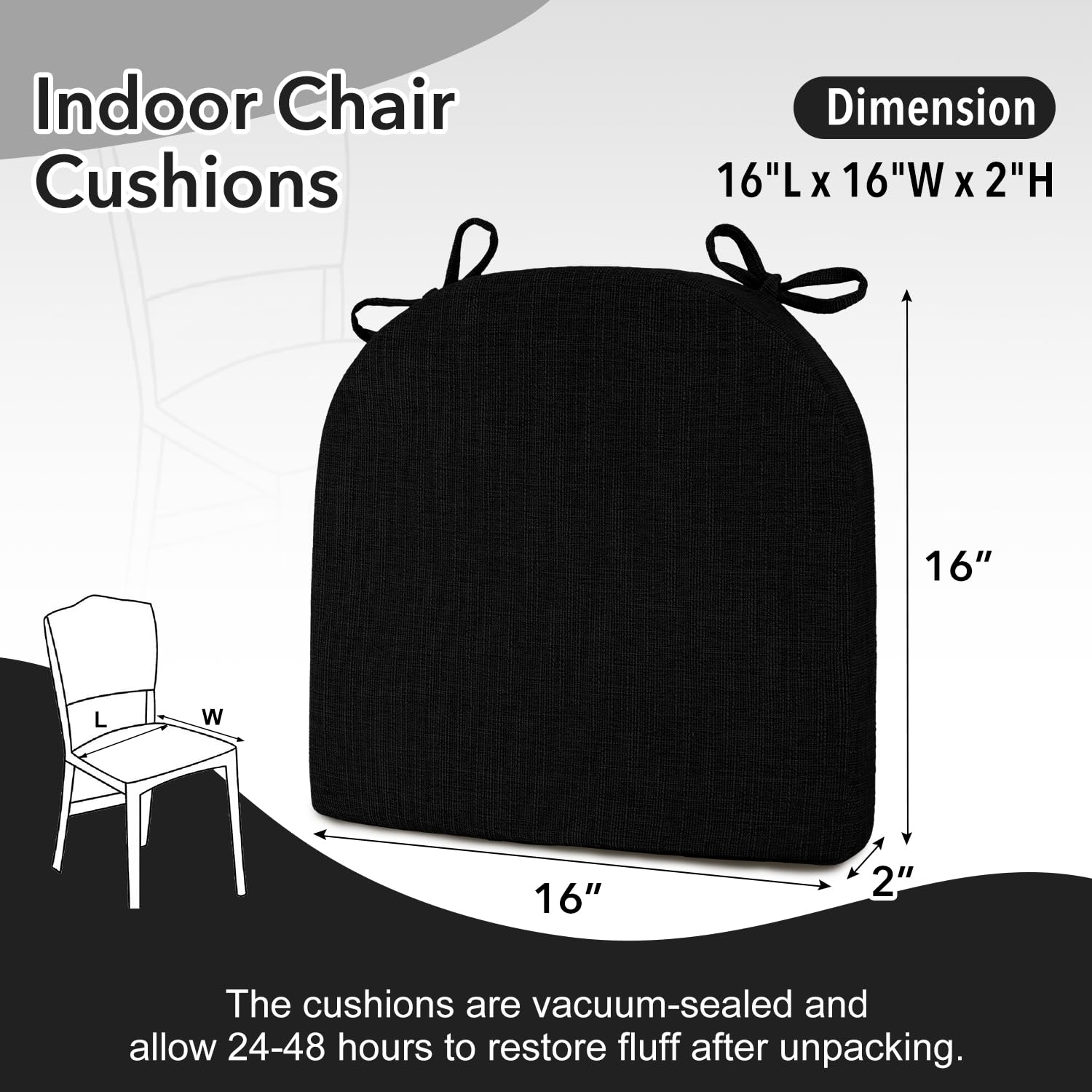 Premium 16x16 Inch Dining Chair Cushions Set of 6 - Soft Textured Foam Seat Pads with Secure Ties & Non-Slip Backing for Kitchen, Office, and Living Room Chairs - Comfortable Black Home Decor Accessories (2