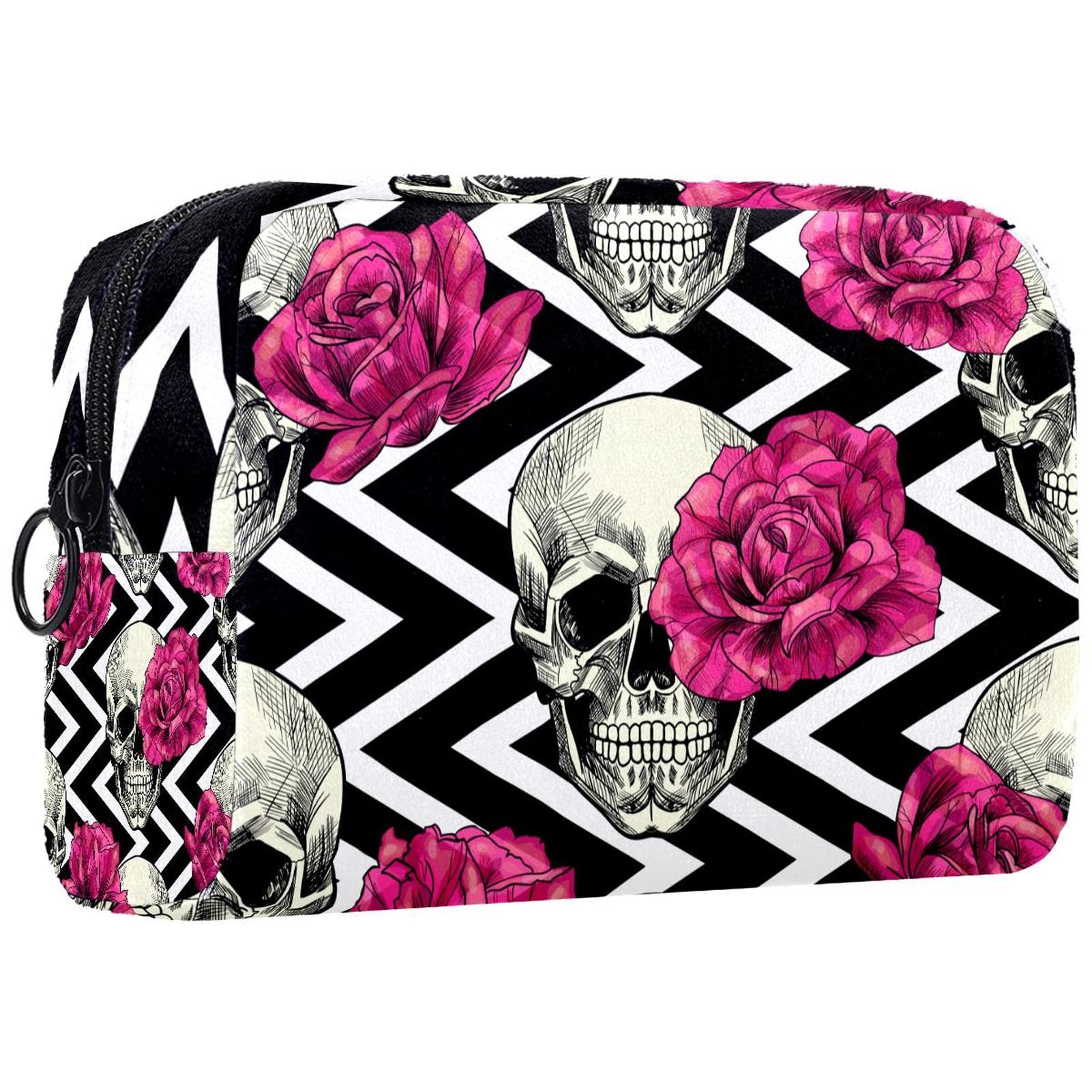 Small Makeup Bag for Women - Travel Cosmetic Pouch with Black Striped Flower Skull Print | Perfect for Daily Essentials & Travel Organizer | Gym, Office, Vacation Use