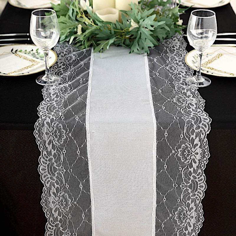 16x108 Faux Burlap with Lace Table Runner - Elegant Farmhouse Dining Decor for Weddings, Parties & Holiday Tablescapes