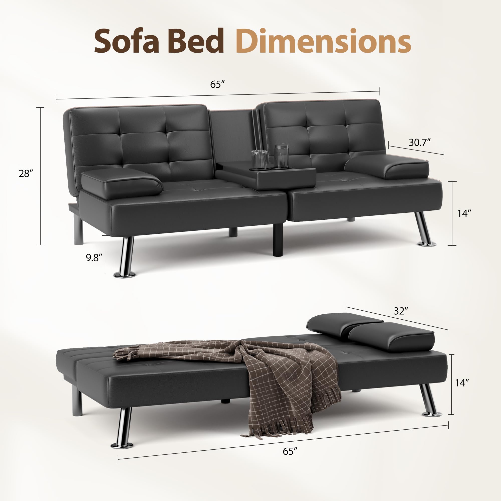 Shahoo Convertible Folding Futon Sofa Bed - 3-in-1 Sleeper Couch for Living Room, Guest Room & Small Spaces - Faux Leather Upholstered Loveseat with Removable Armrests, Sturdy Metal Legs & 2 Cup Holders - Black - Perfect for Apartments, Dorms, Home Office & Studio Living