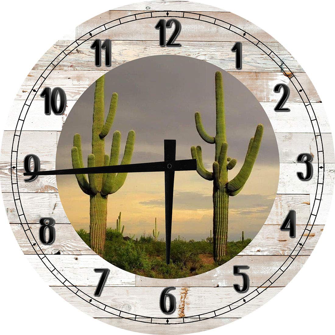 12 Inch White Round Wood Wall Clock with Cactus Decor - Desert Home Wall Art for Living Room, Bedroom & Office Decor