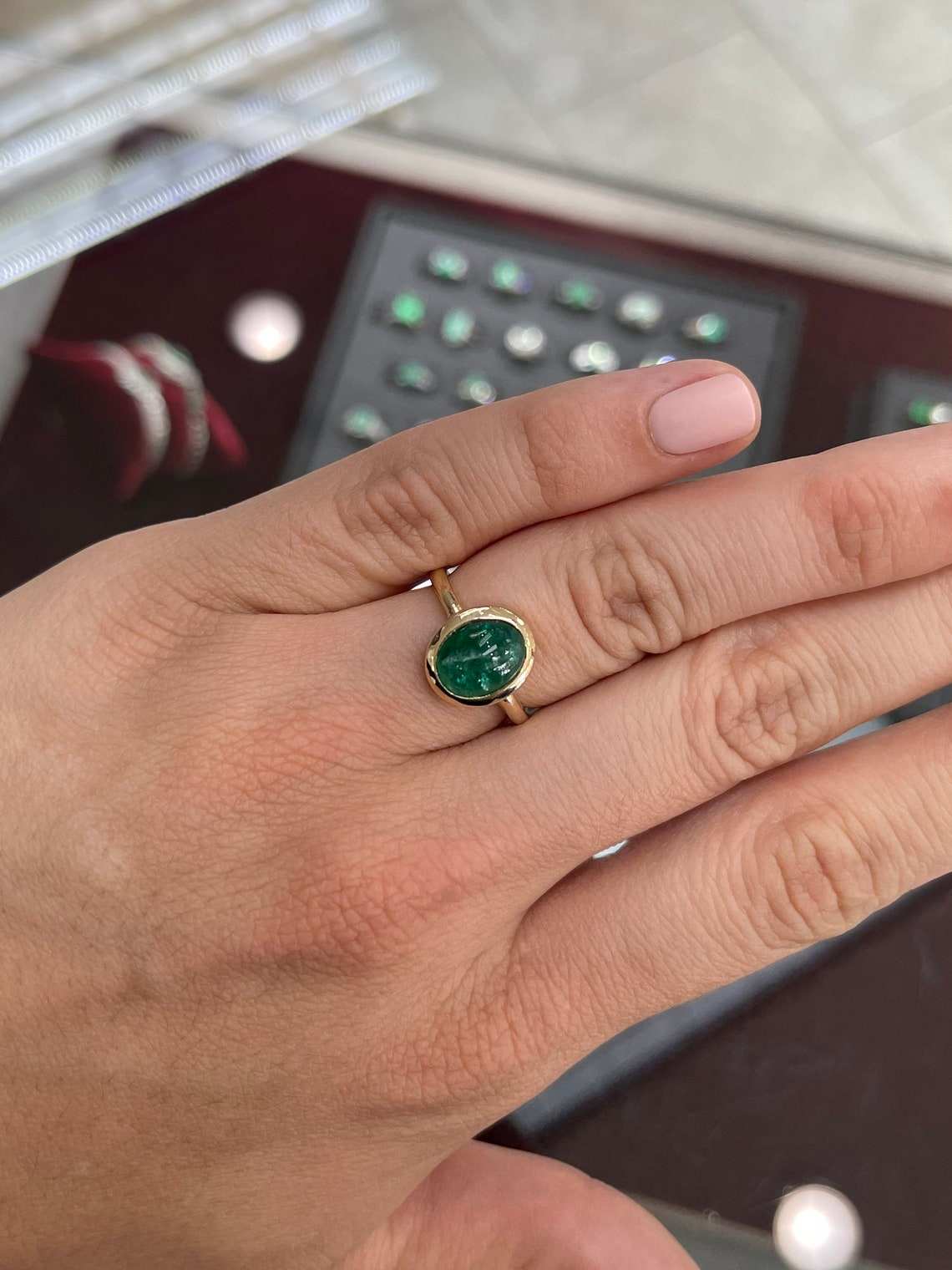 3.82 Carat Oval Emerald Cabochon Solitaire Ring in 14K Gold - Elegant Bezel Setting for Weddings, Anniversaries & Special Occasions