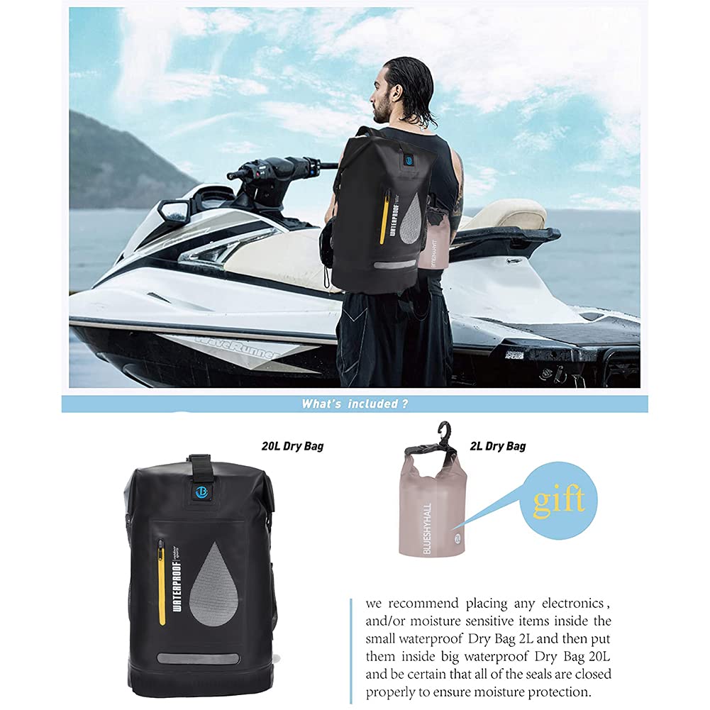 **Blueshyhall 20L Waterproof Dry Backpack - Roll Top Closure, Water Repellent Duffle Storage Sack for Kayaking, Rafting, Boating, Fishing, Camping & Beach - Black | Ideal for Outdoor Adventures & Water Sports**