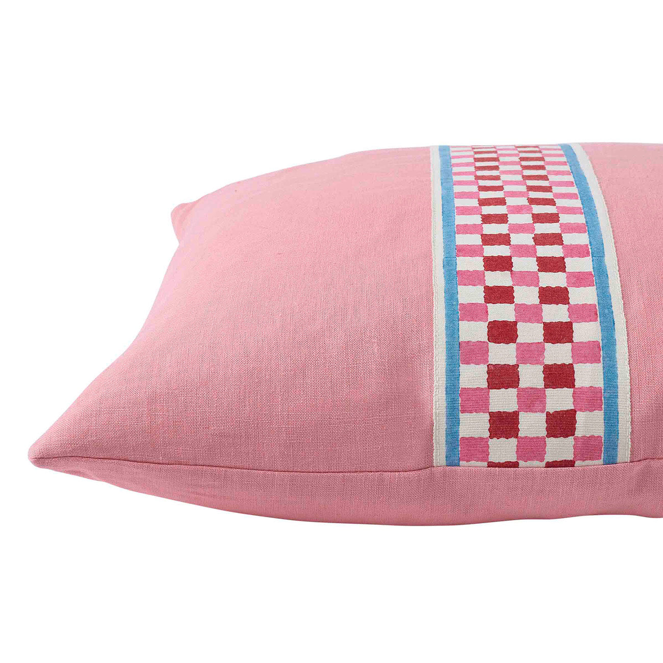 Pale Pink Linen Cushion with Checkered Red & Pink Tape - Elegant Home Decor for Sofa, Bed & Living Room
