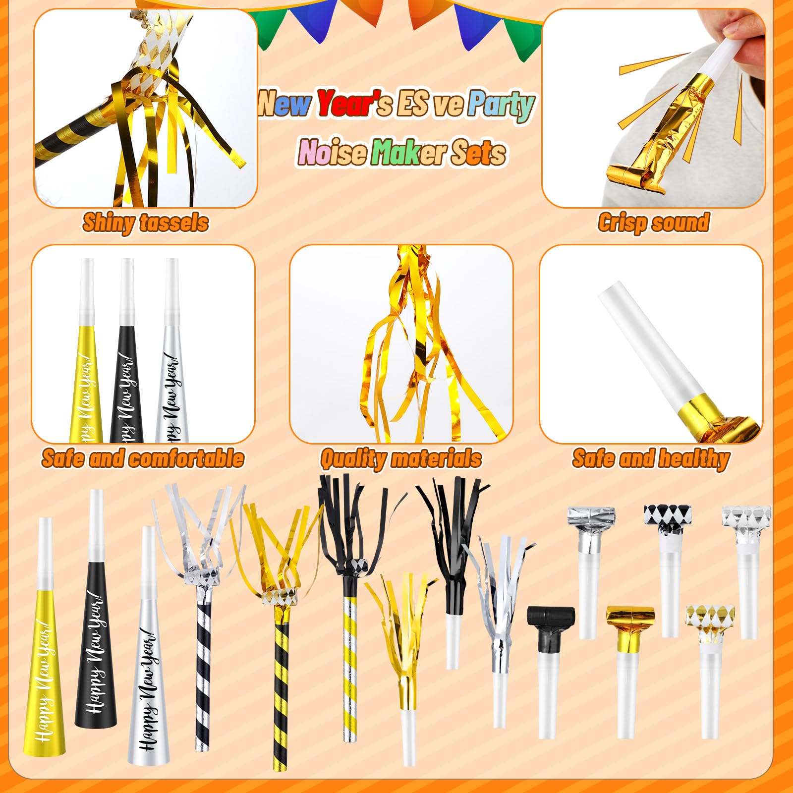 150-Piece 2025 New Year's Eve Party Favors Kit - Glitter Noise Makers, Blowers, Horns, Whistles & Fringed Metal Blowouts for Christmas & NYE Celebrations - Perfect for Countdown Parties, Balloon Drops & Festive Gatherings