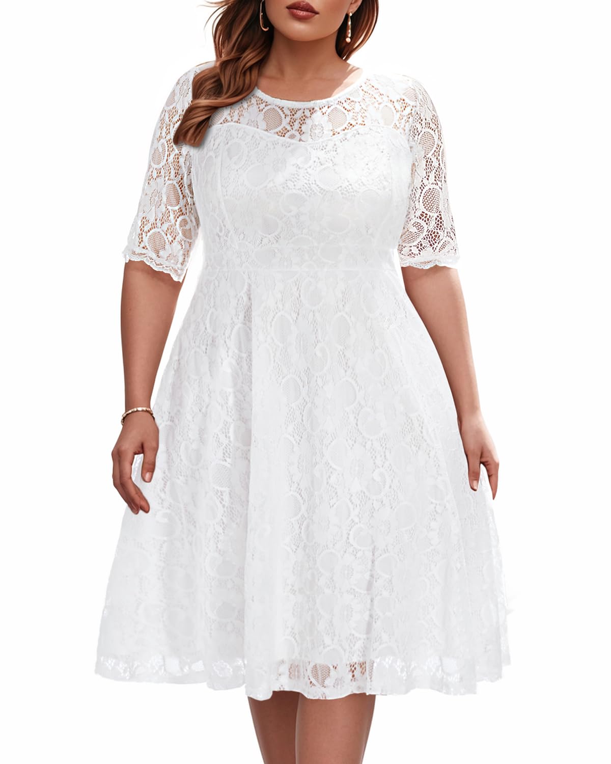 Plus Size Lace V-Neck Midi Dress for Women - Elegant Wedding Guest & Bridal Shower Cocktail Party Attire - Perfect for Semi-Formal Occasions, Date Nights & Special Events