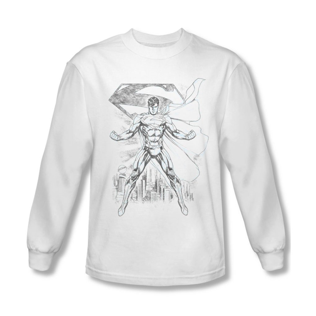 Superman Men's Super Sketch Long Sleeve T-Shirt - White Graphic Tee for Casual Wear, Cosplay & Superhero Fans | Perfect for Comic Con, Halloween & Everyday Outfits