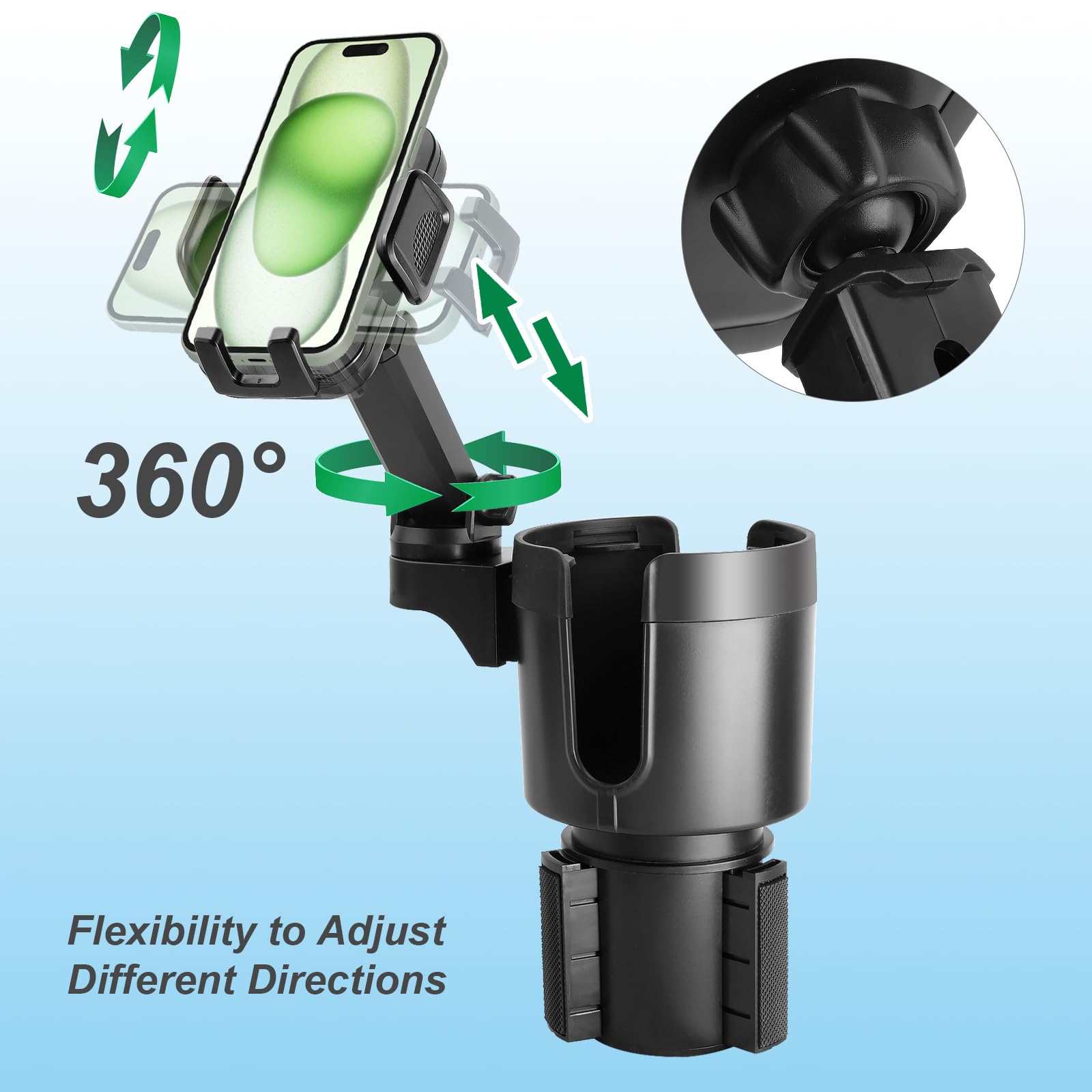 360° Rotating Cup Holder Phone Mount for Car - 2 in 1 Car Cup Holder Expander with Long Arm, Universal Smartphone Holder for iPhone, Samsung, Pixel - Perfect for Road Trips, Commuting & Food Delivery