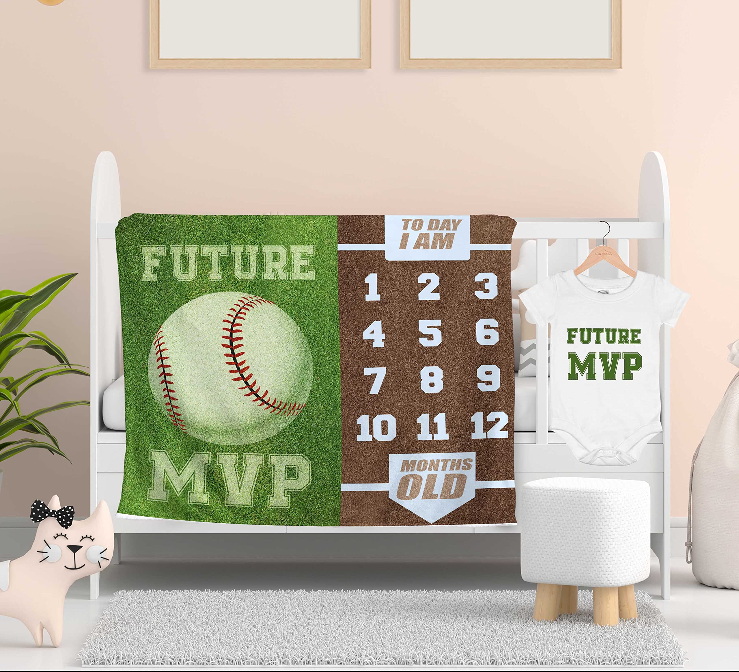 Personalized Baby Milestone Blanket with Onesie & Bib - Custom Name Baseball Growth Chart Blanket for Newborn Boys - Perfect for 1st Birthday, Baby Shower Gifts & Nursery Decor
