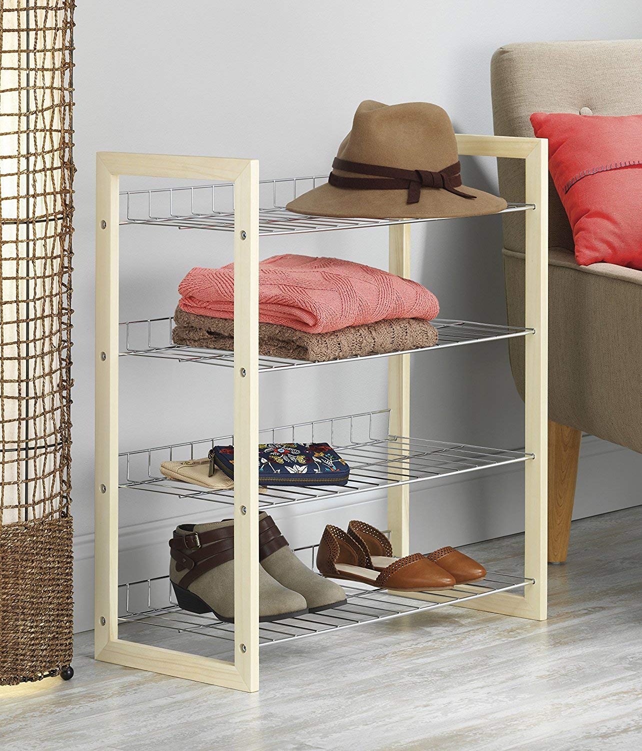 Whitmor 4-Tier Wood and Chrome Closet Shelf Organizer - Space-Saving Storage for Bedroom, Closet, and Laundry Room