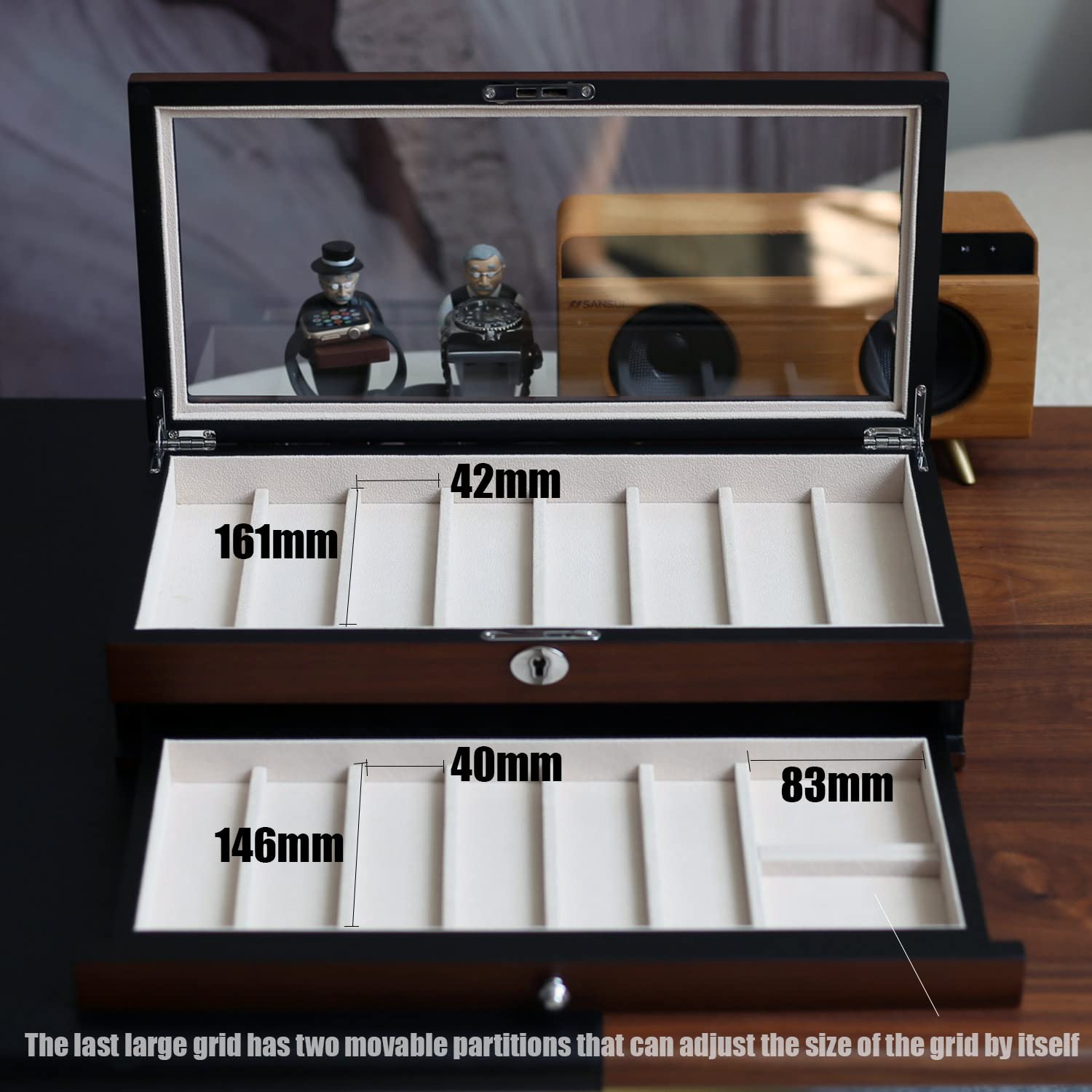 Premium Walnut Folding Knife Display Case - 2-Tier Organizer with Real Glass Top for 15-17 Pocket Knives | Collector's Storage Box with Drawer | Perfect for Men's Knife Collections, Home Office & Hunting Cabin Decor